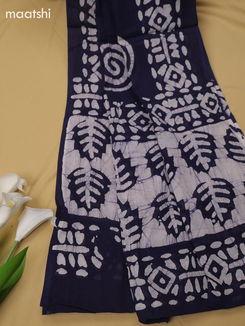 Navy Blue Cotton Dress Material With Batik Prints & Simple Embroidery Work Neck Pattern