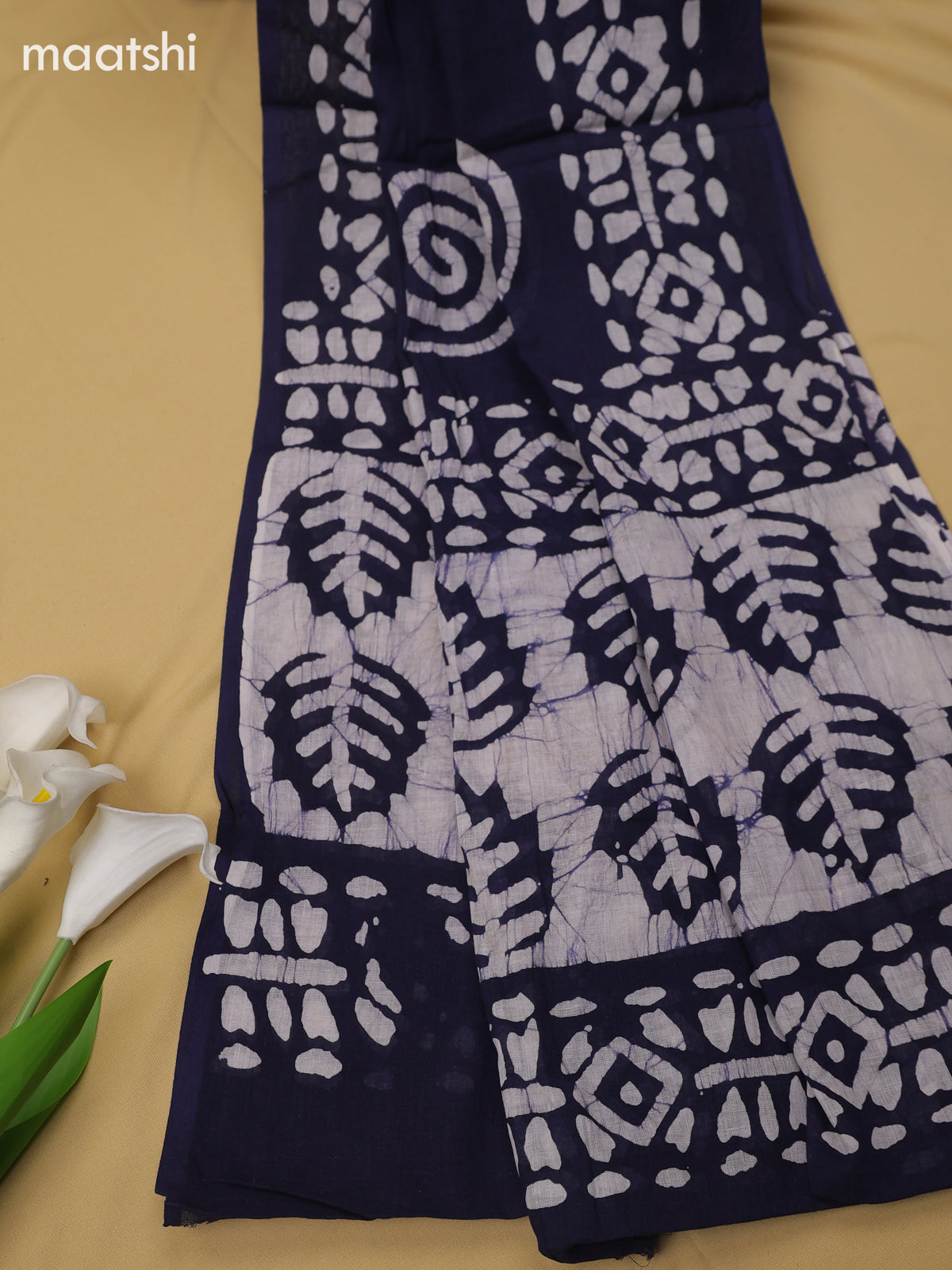 Navy Blue Cotton Dress Material With Batik Prints & Simple Embroidery Work Neck Pattern