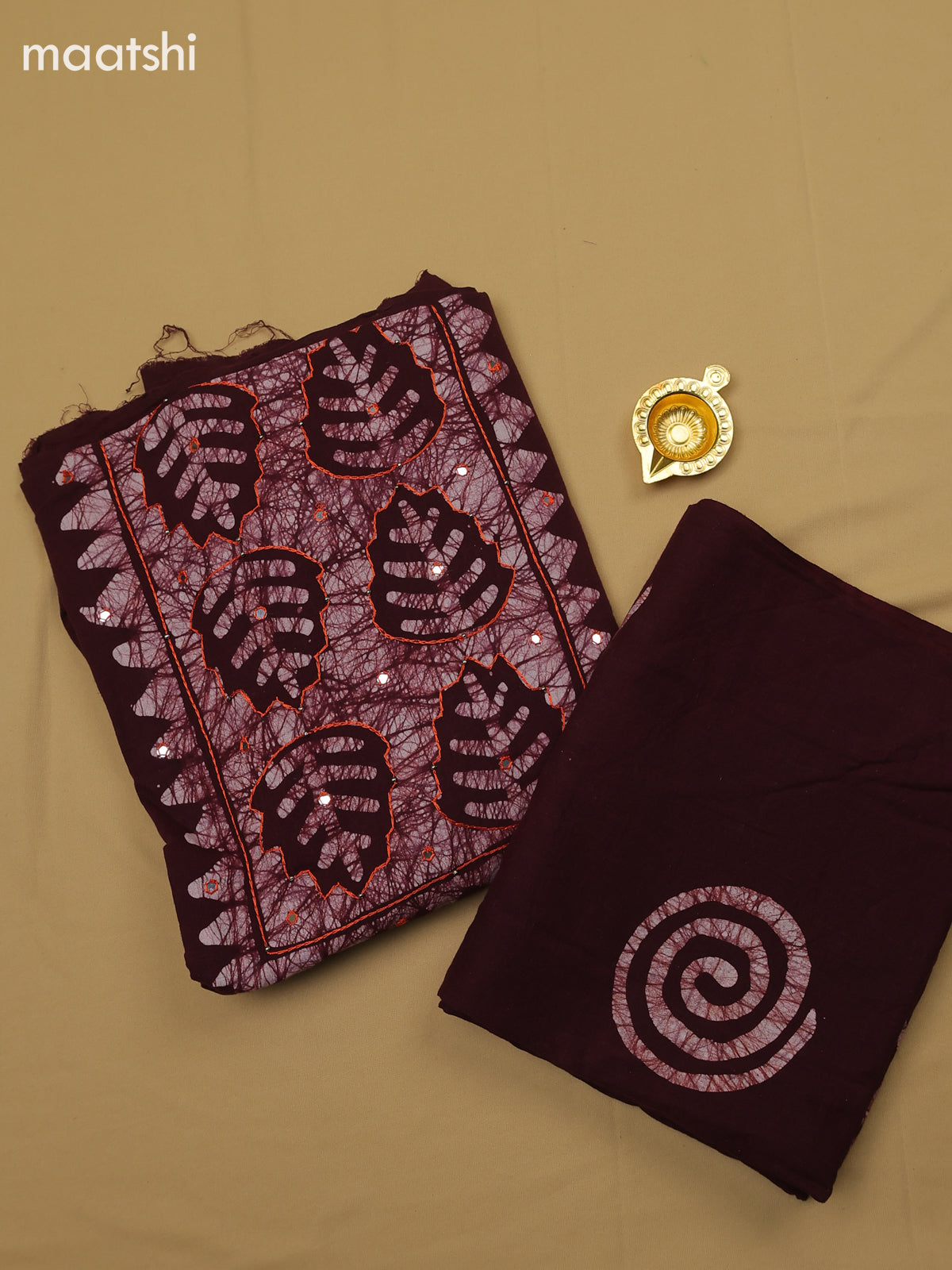 Deep Maroon Cotton Dress Material With Batik Prints & Simple Embroidery Work Neck Pattern