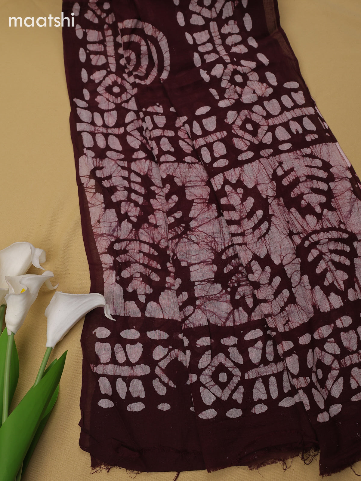 Deep Maroon Cotton Dress Material With Batik Prints & Simple Embroidery Work Neck Pattern