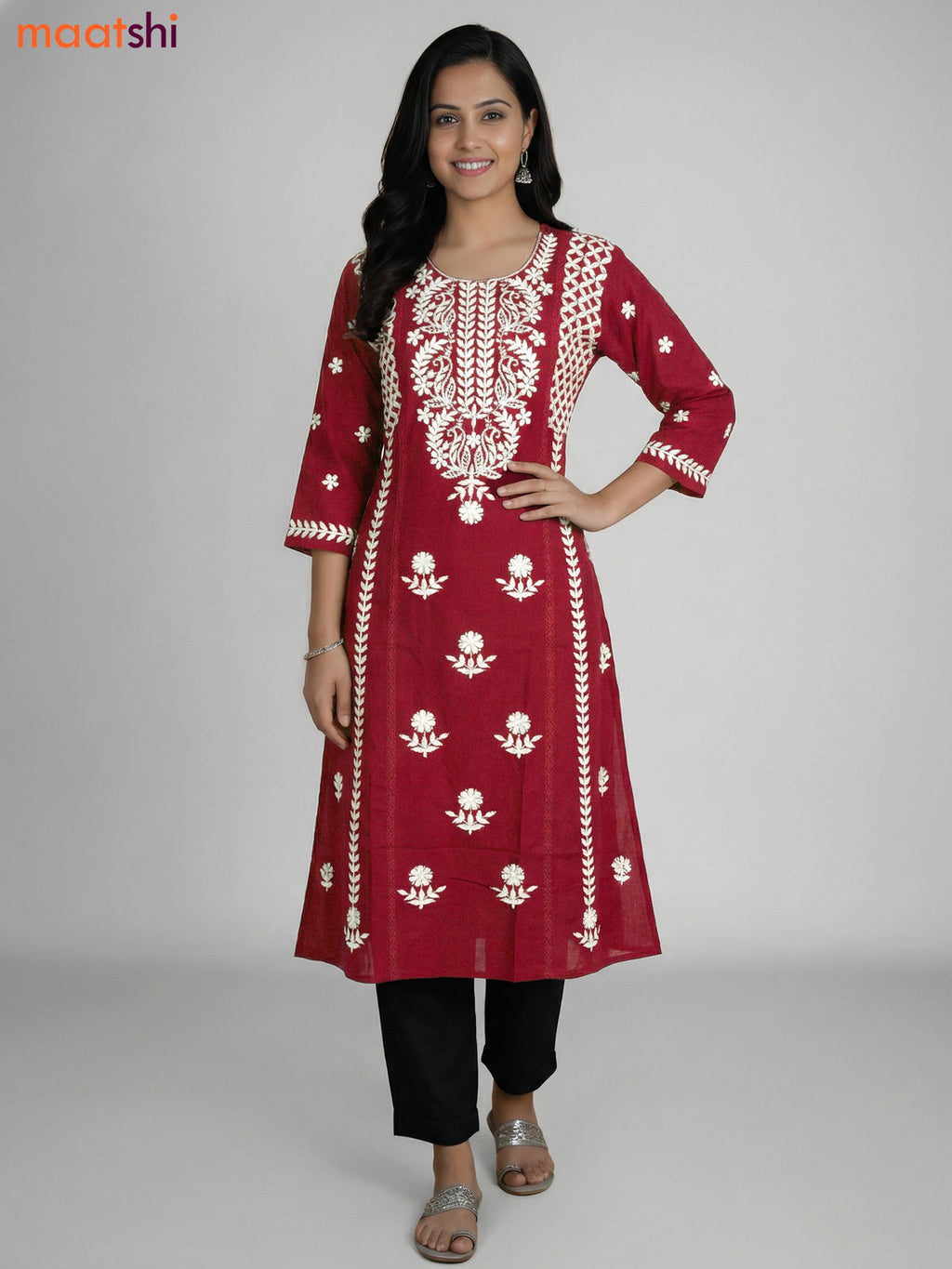 Maroon Cotton Embroidery Work Kurti
