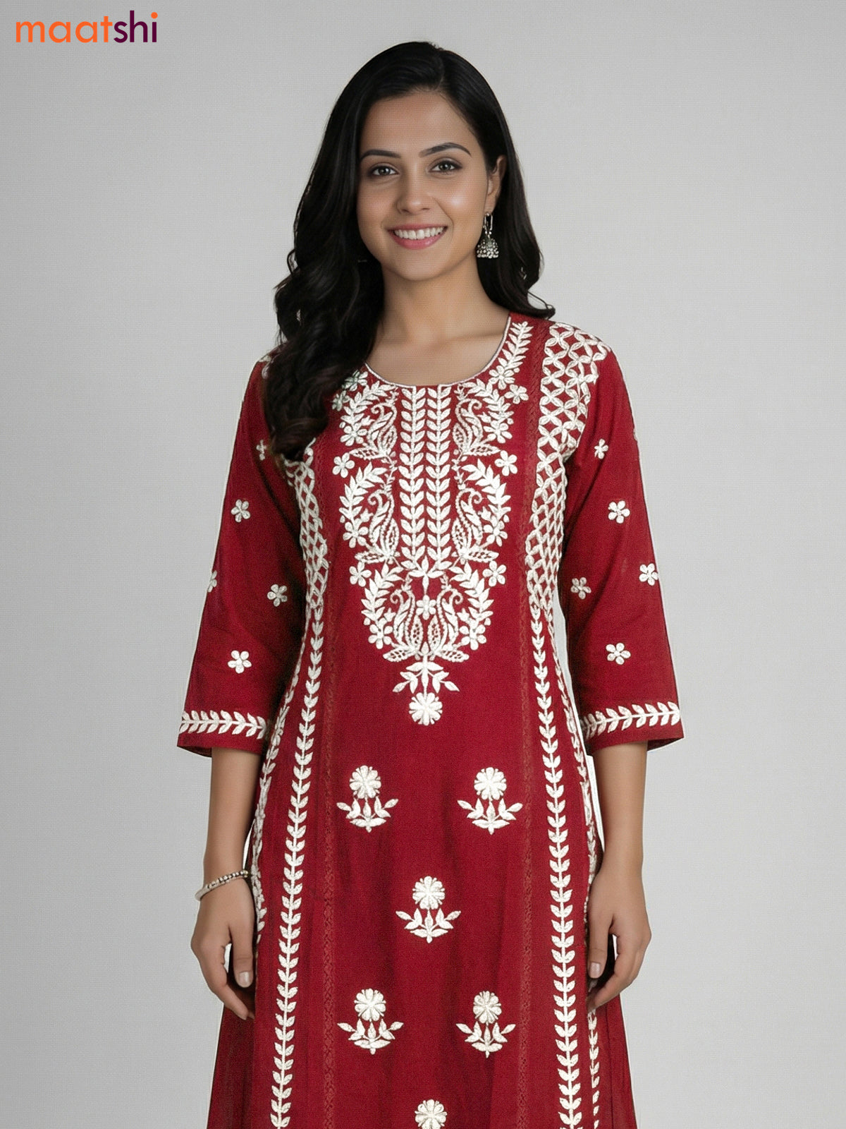 Maroon Cotton Embroidery Work Kurti