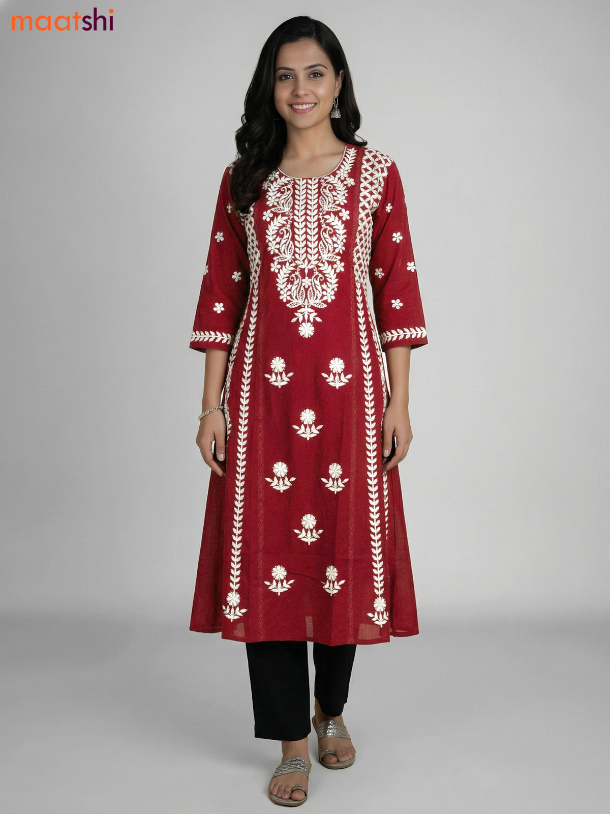 Maroon Cotton Embroidery Work Kurti