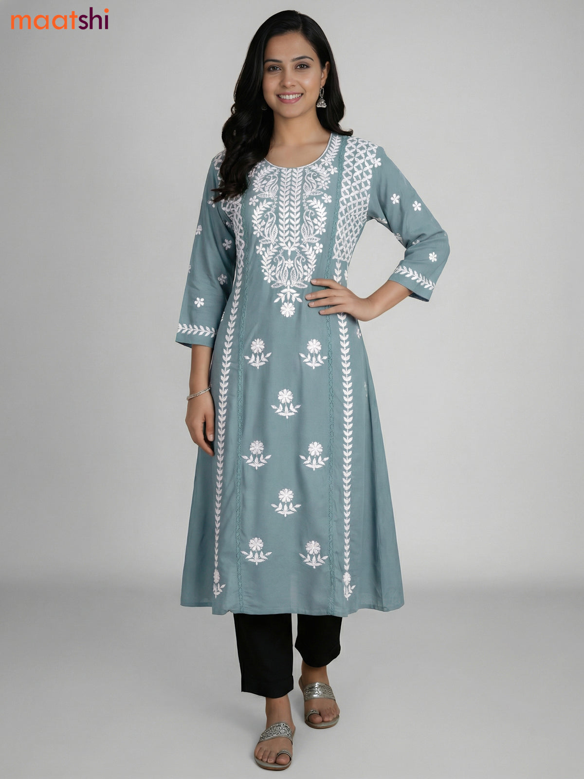 Teal Shade Cotton Embroidery Work Kurti