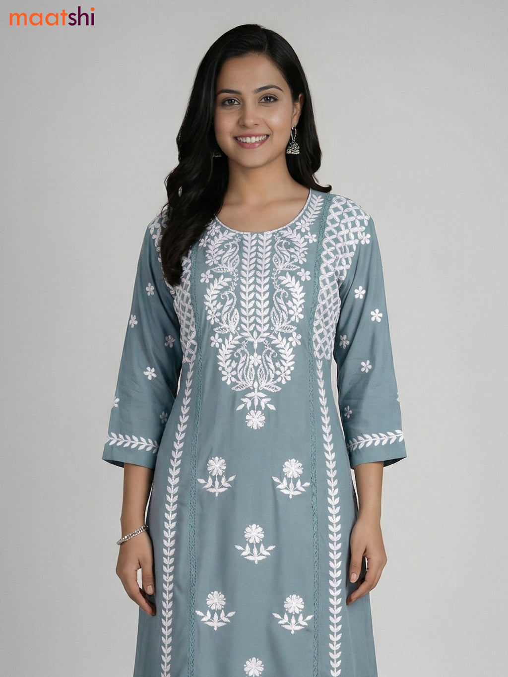 Teal Shade Cotton Embroidery Work Kurti