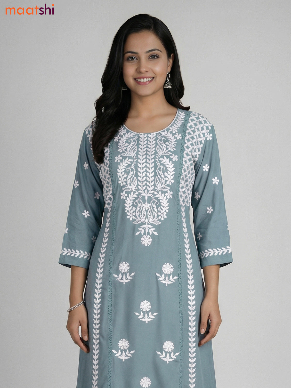 Teal Shade Cotton Embroidery Work Kurti