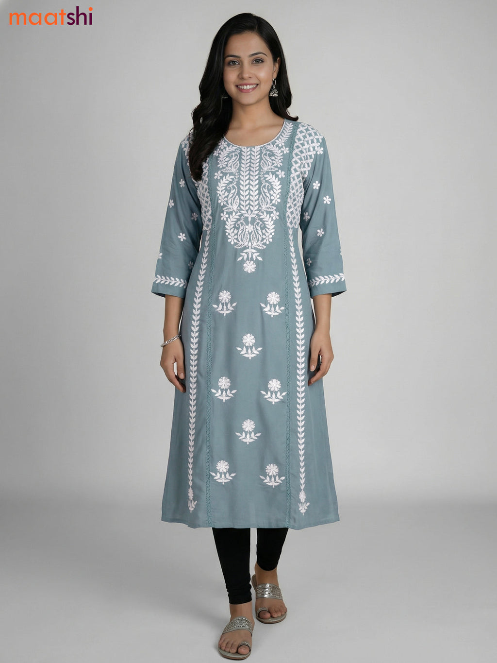 Teal Shade Cotton Embroidery Work Kurti