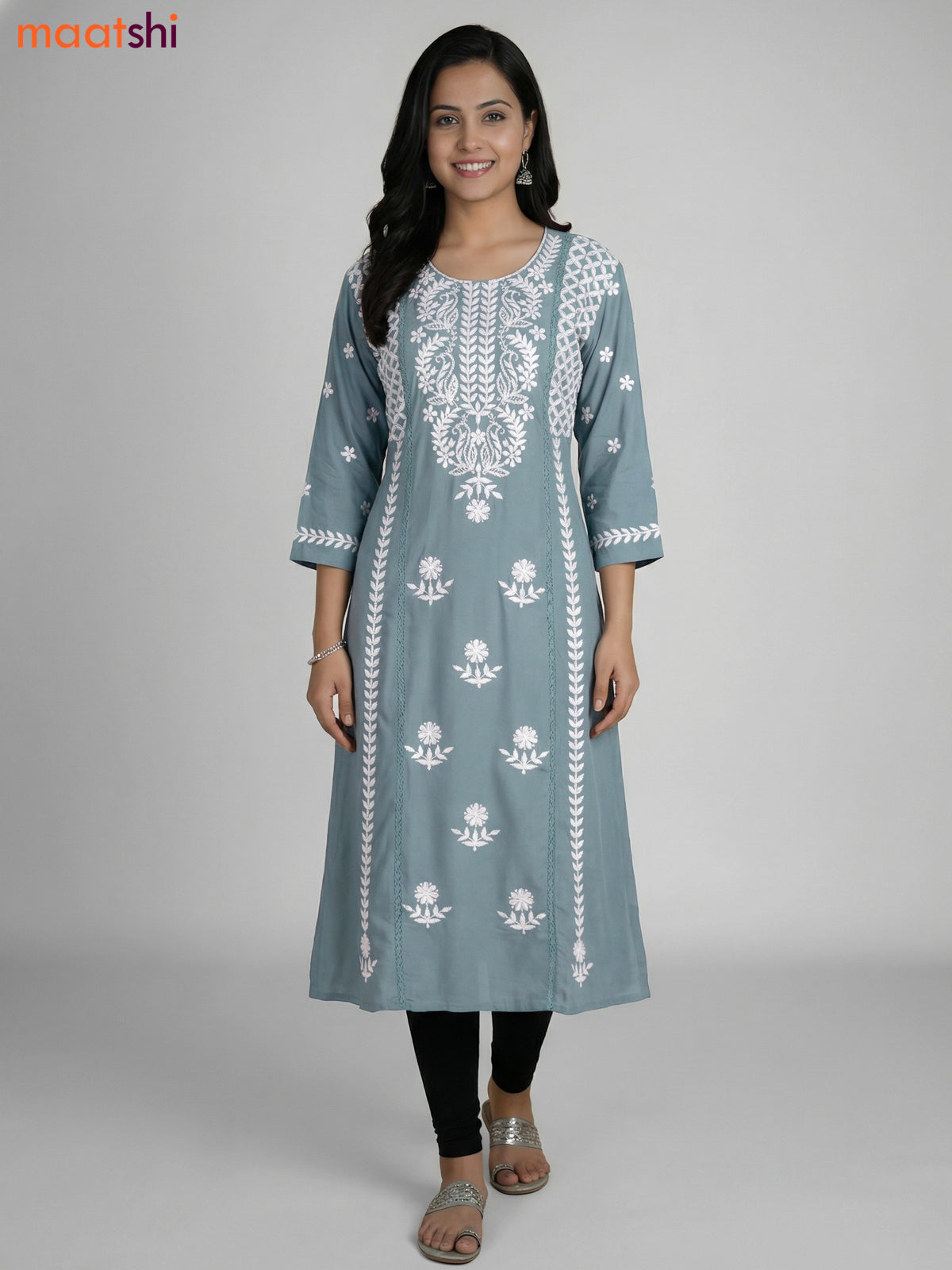 Teal Shade Cotton Embroidery Work Kurti