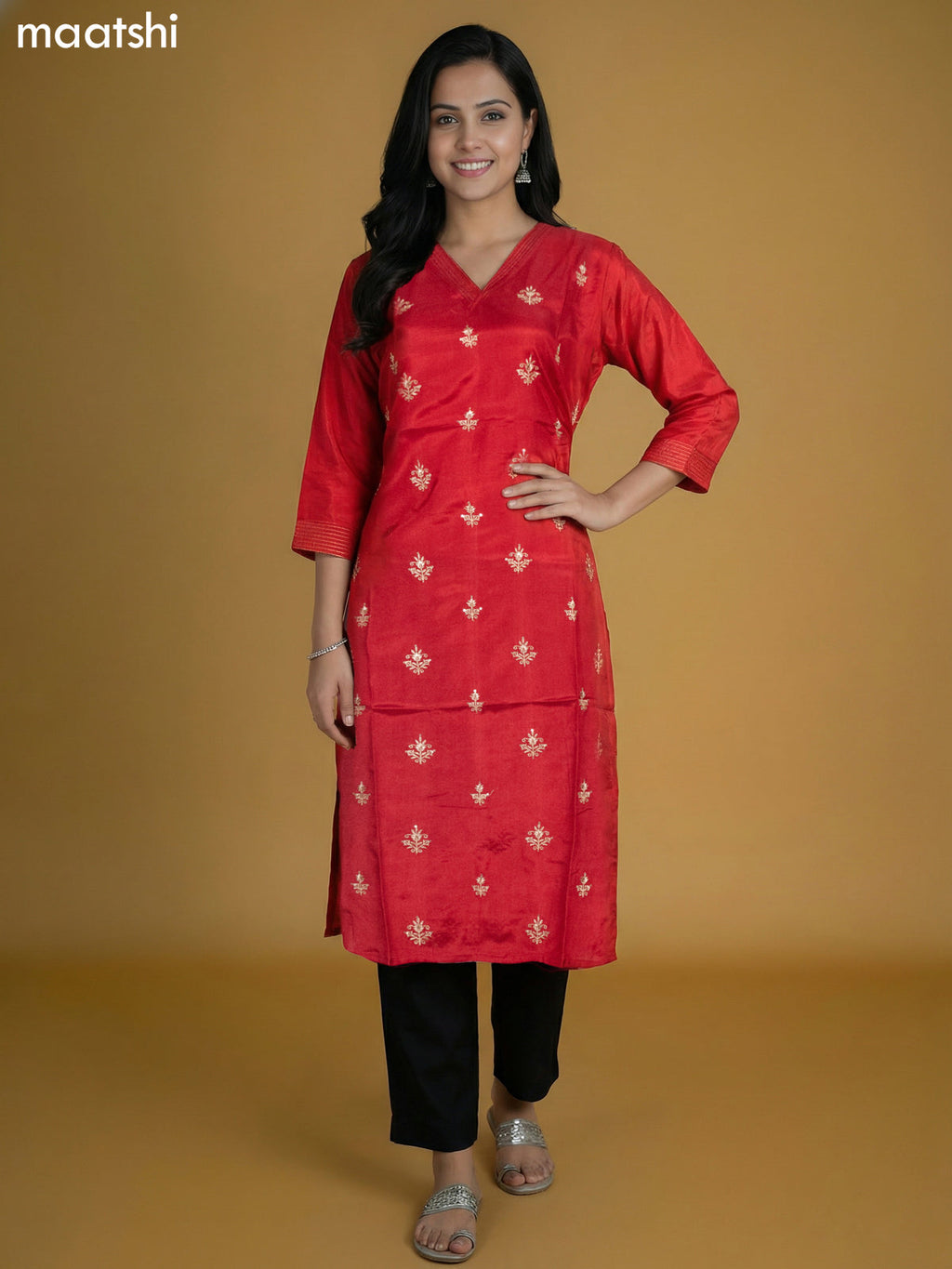 Red Art Tussar With Zari Butta Kurti