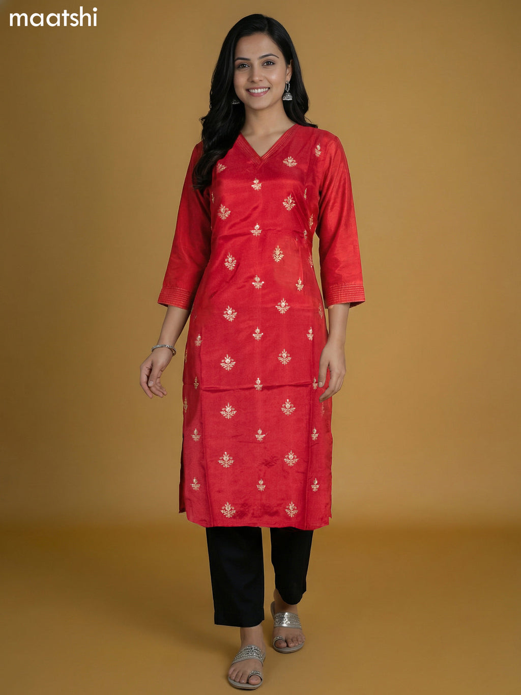 Red Art Tussar With Zari Butta Kurti