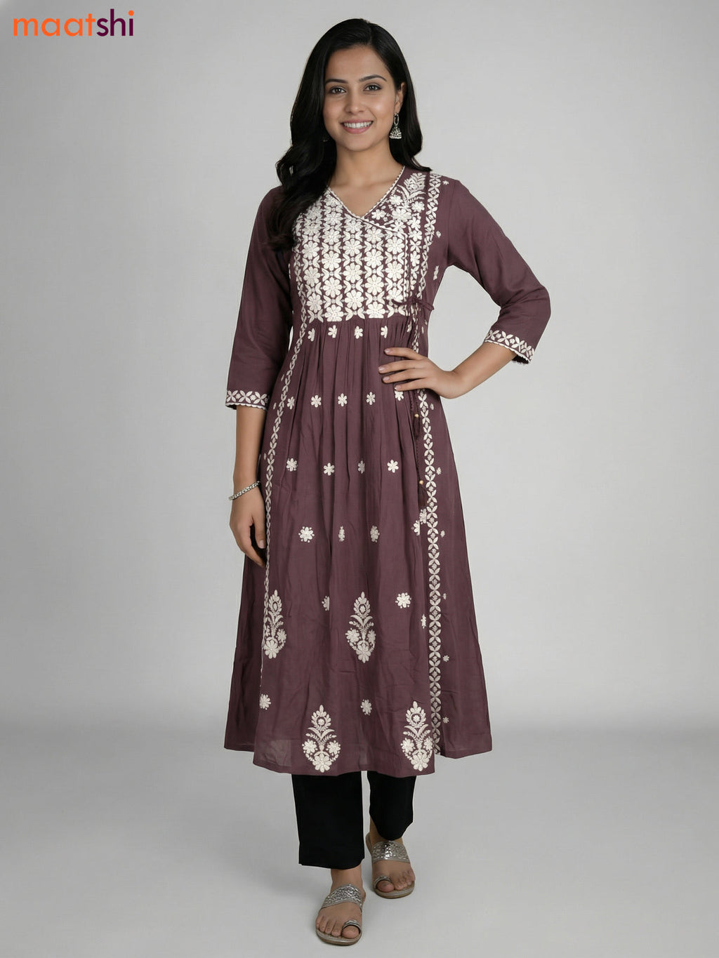 Greyish Brown Cotton Embroidery Work Kurti