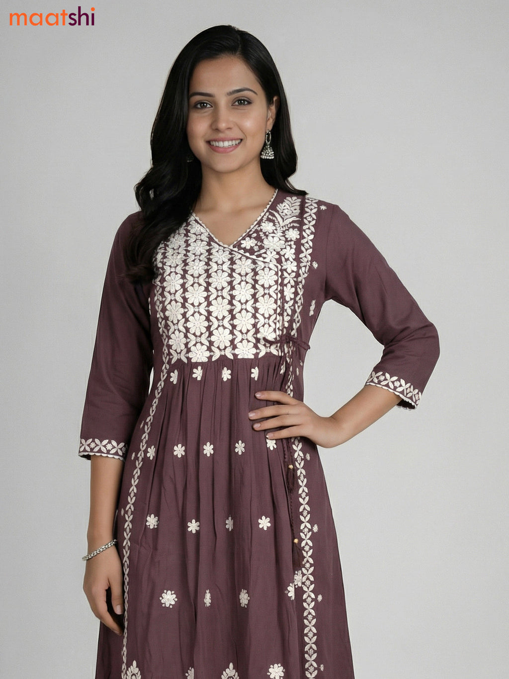 Greyish Brown Cotton Embroidery Work Kurti
