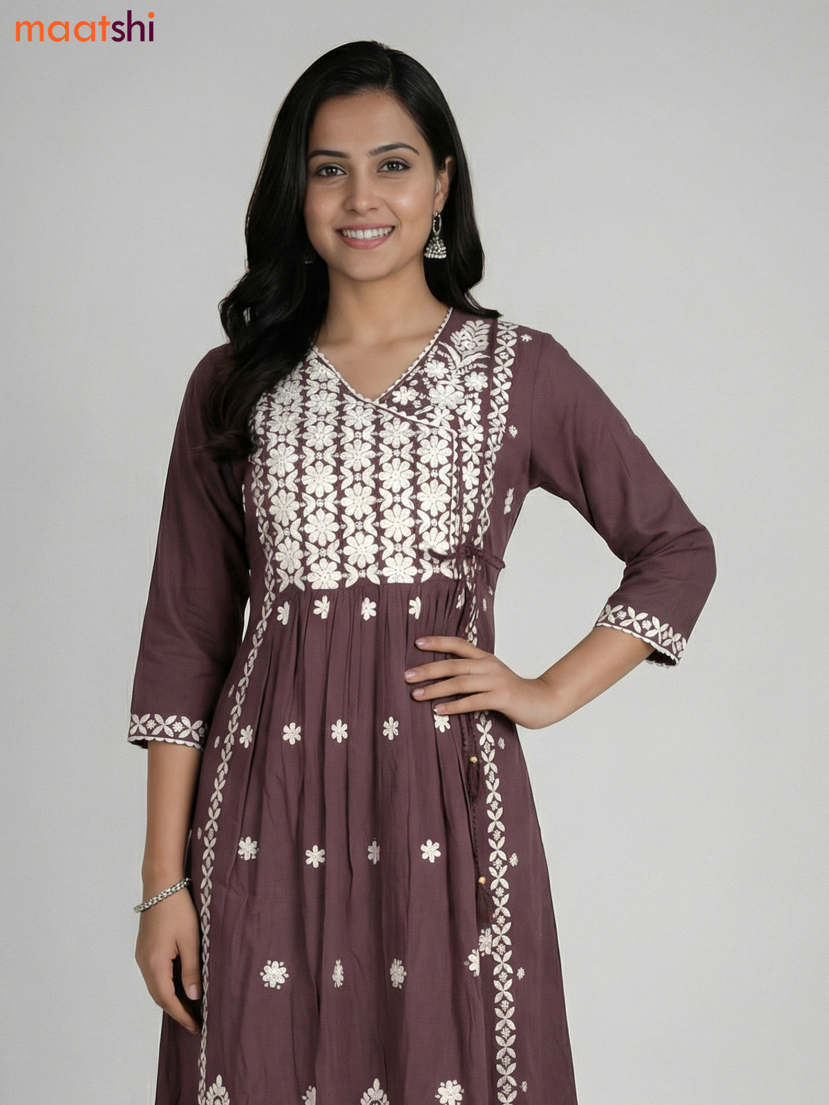 Greyish Brown Cotton Embroidery Work Kurti