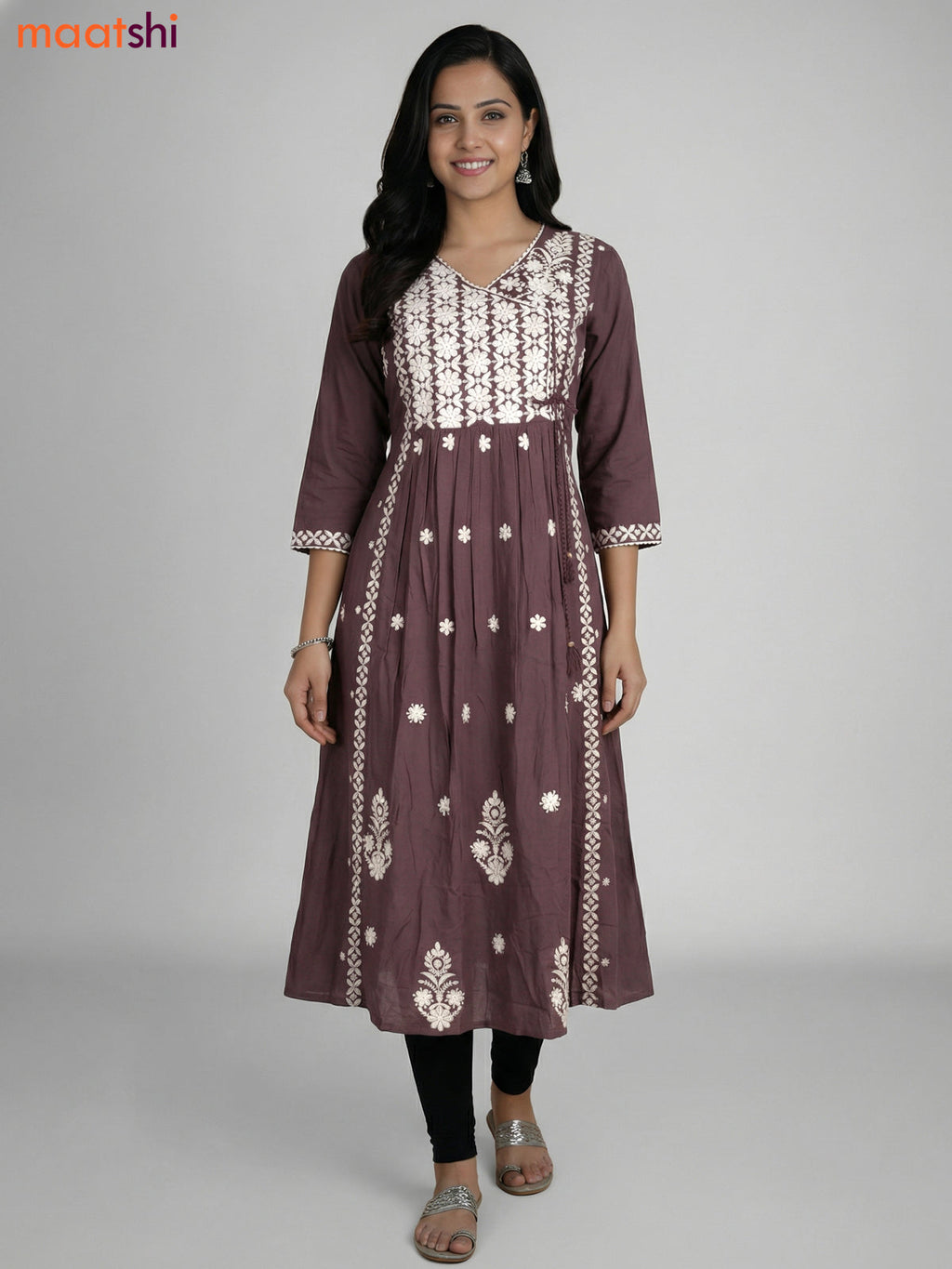 Greyish Brown Cotton Embroidery Work Kurti
