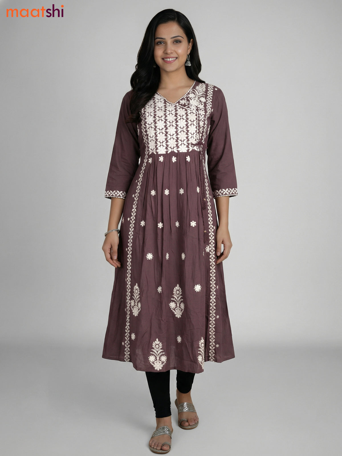 Greyish Brown Cotton Embroidery Work Kurti