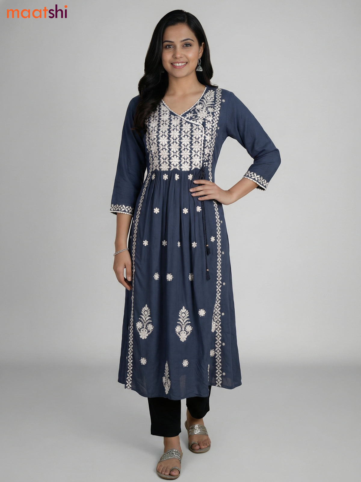 Dark Grey Cotton Embroidery Work Kurti