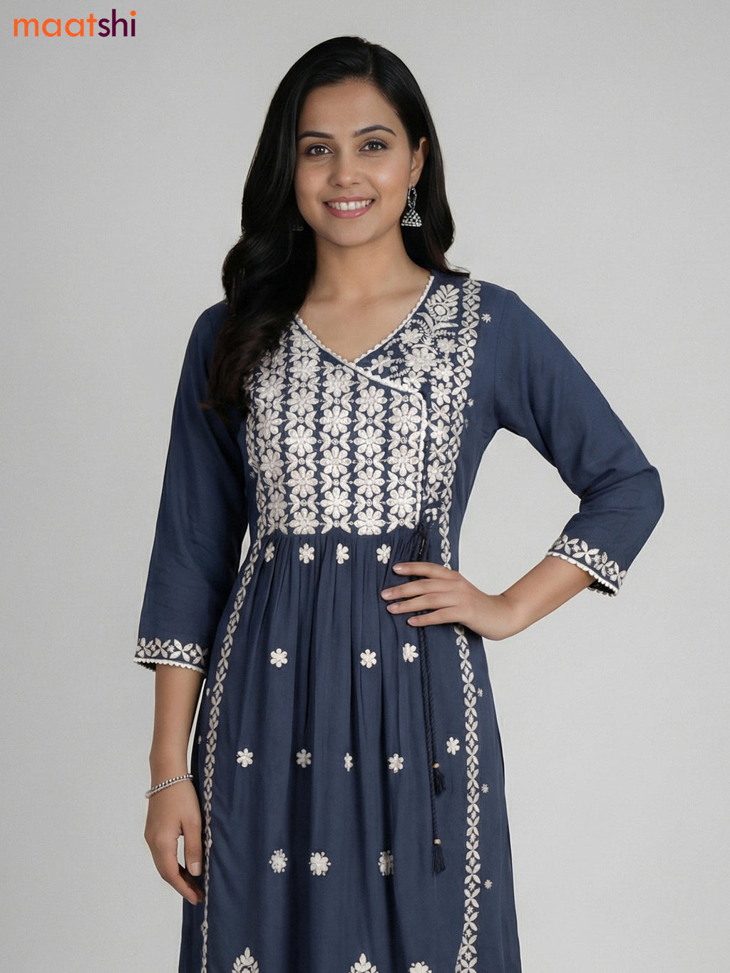 Dark Grey Cotton Embroidery Work Kurti
