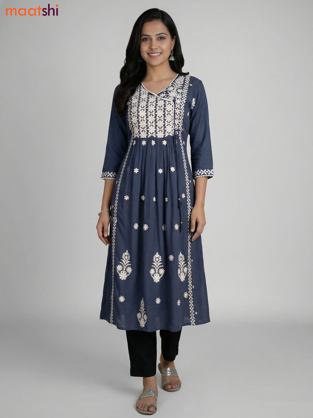 Dark Grey Cotton Embroidery Work Kurti