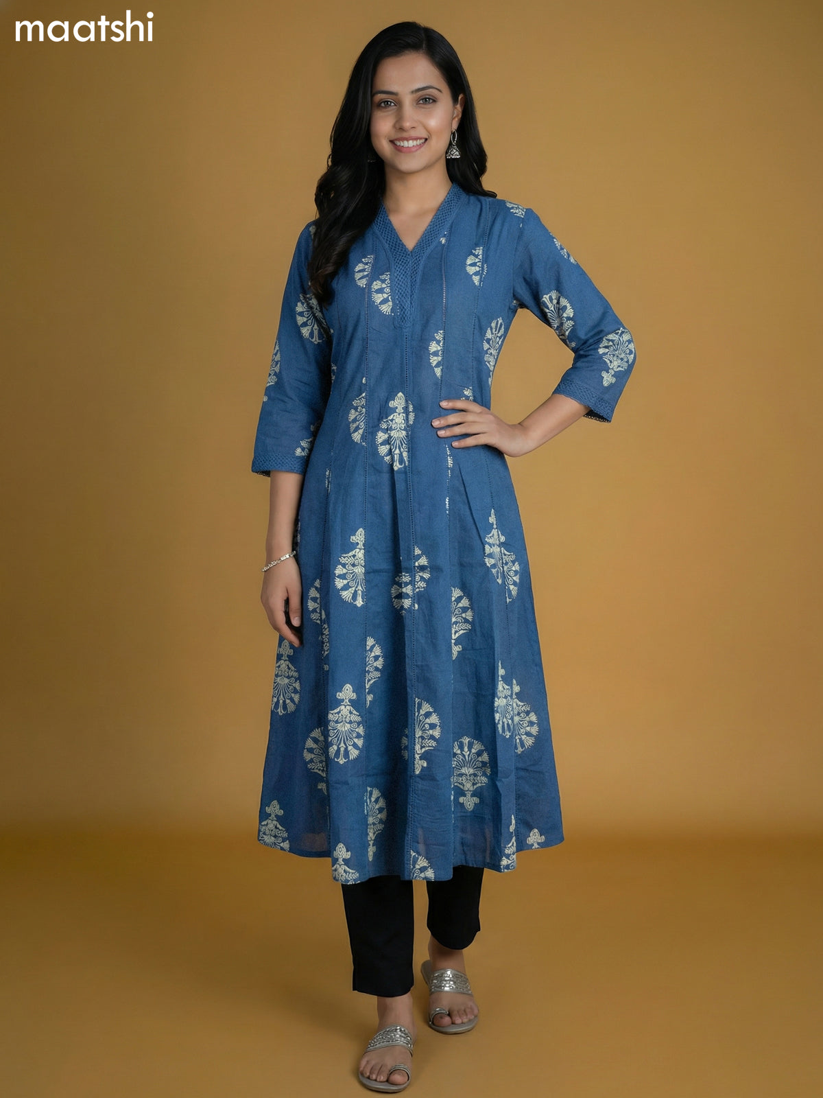 Blue Cotton Printed Anarkali Kurti