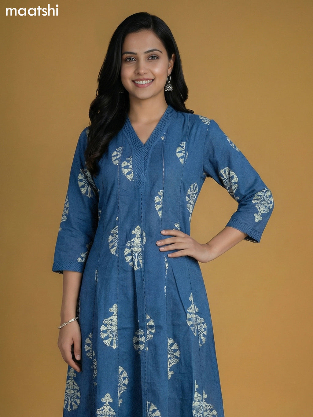 Blue Cotton Printed Anarkali Kurti