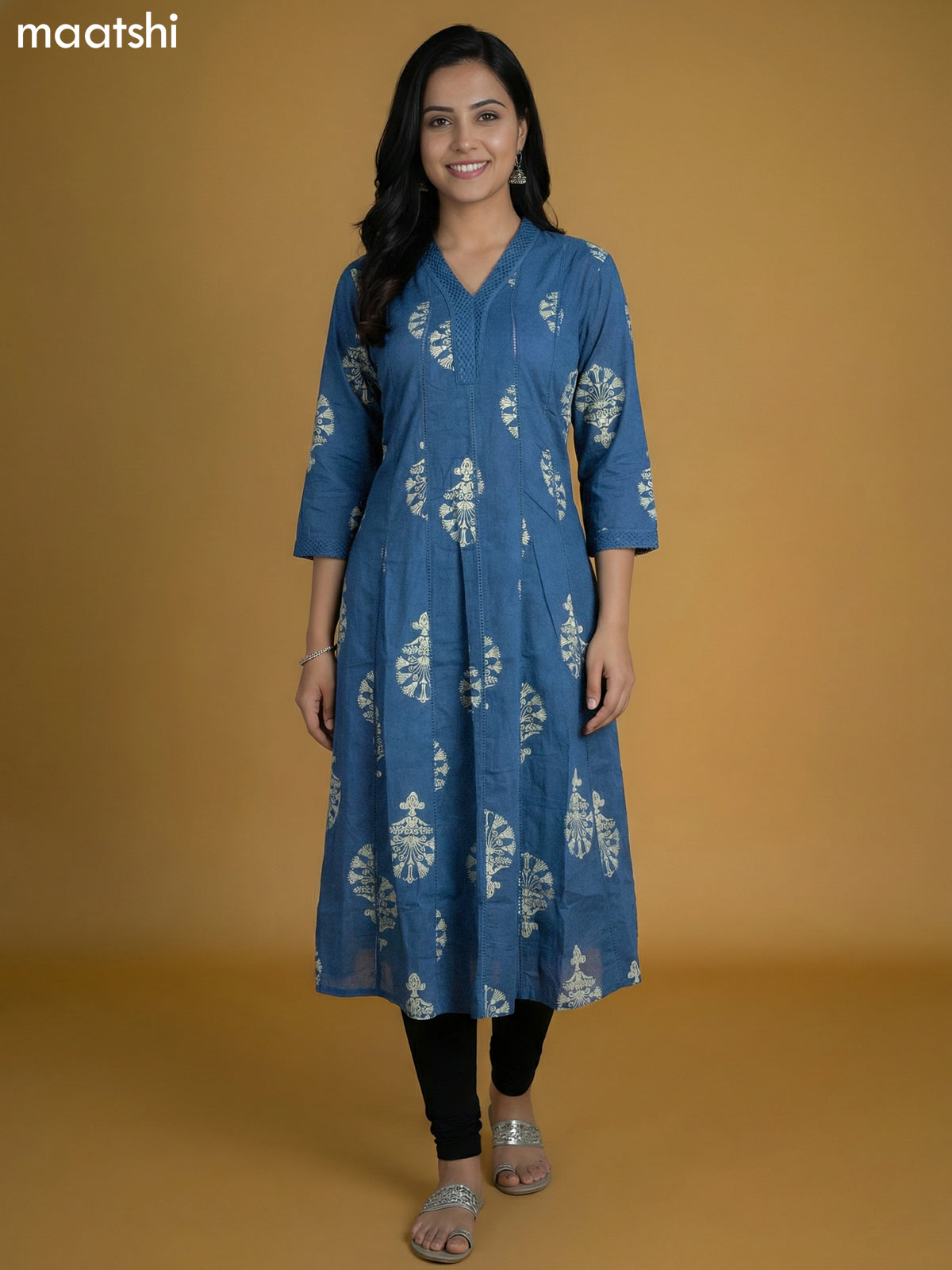 Blue Cotton Printed Anarkali Kurti