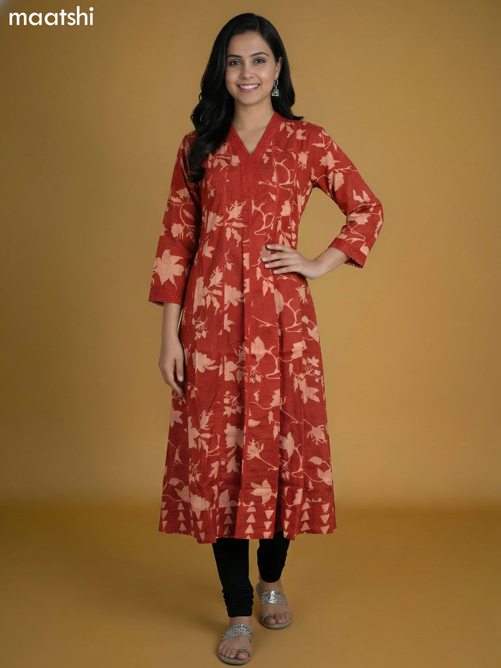 Rust Shade Cotton Printed Anarkali Kurti