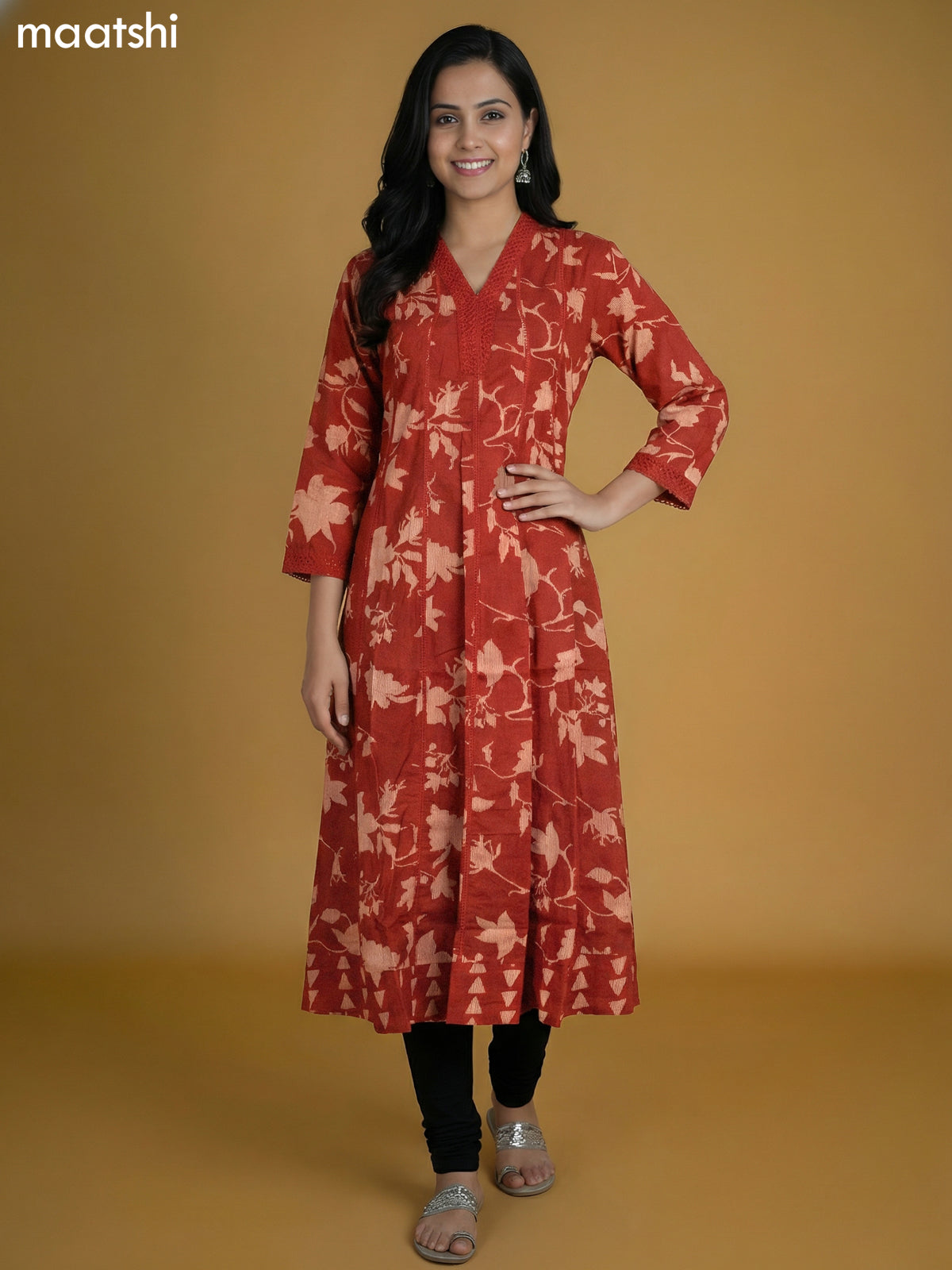 Rust Shade Cotton Printed Anarkali Kurti