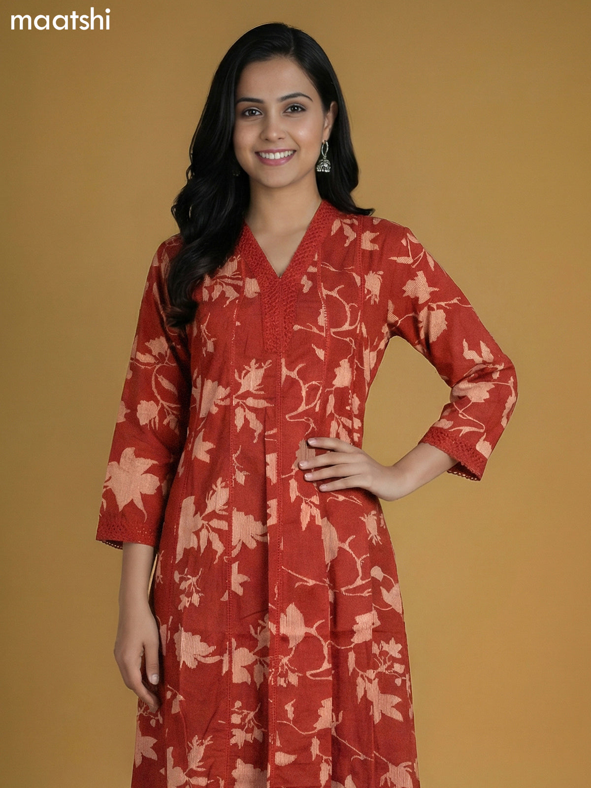 Rust Shade Cotton Printed Anarkali Kurti