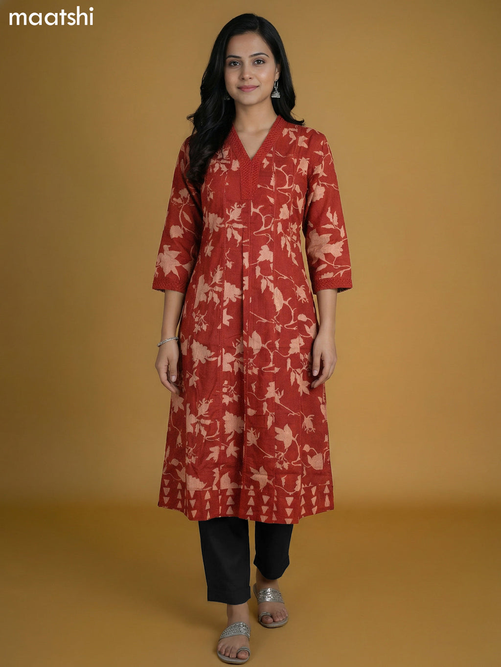 Rust Shade Cotton Printed Anarkali Kurti