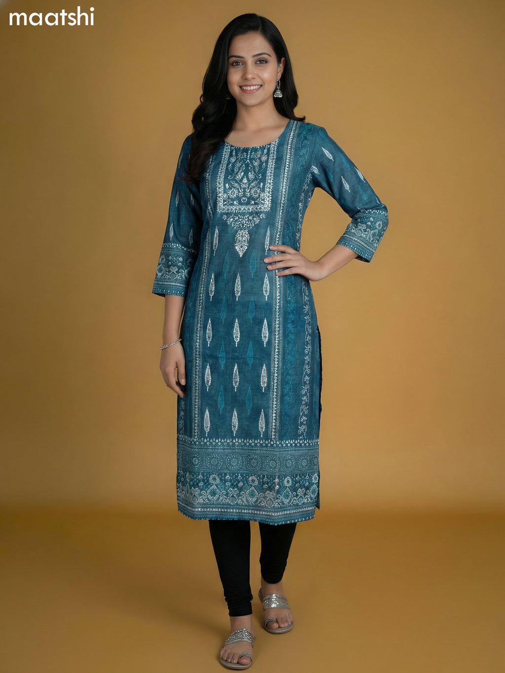 Peacock Blue Chanderi Printed Kurti