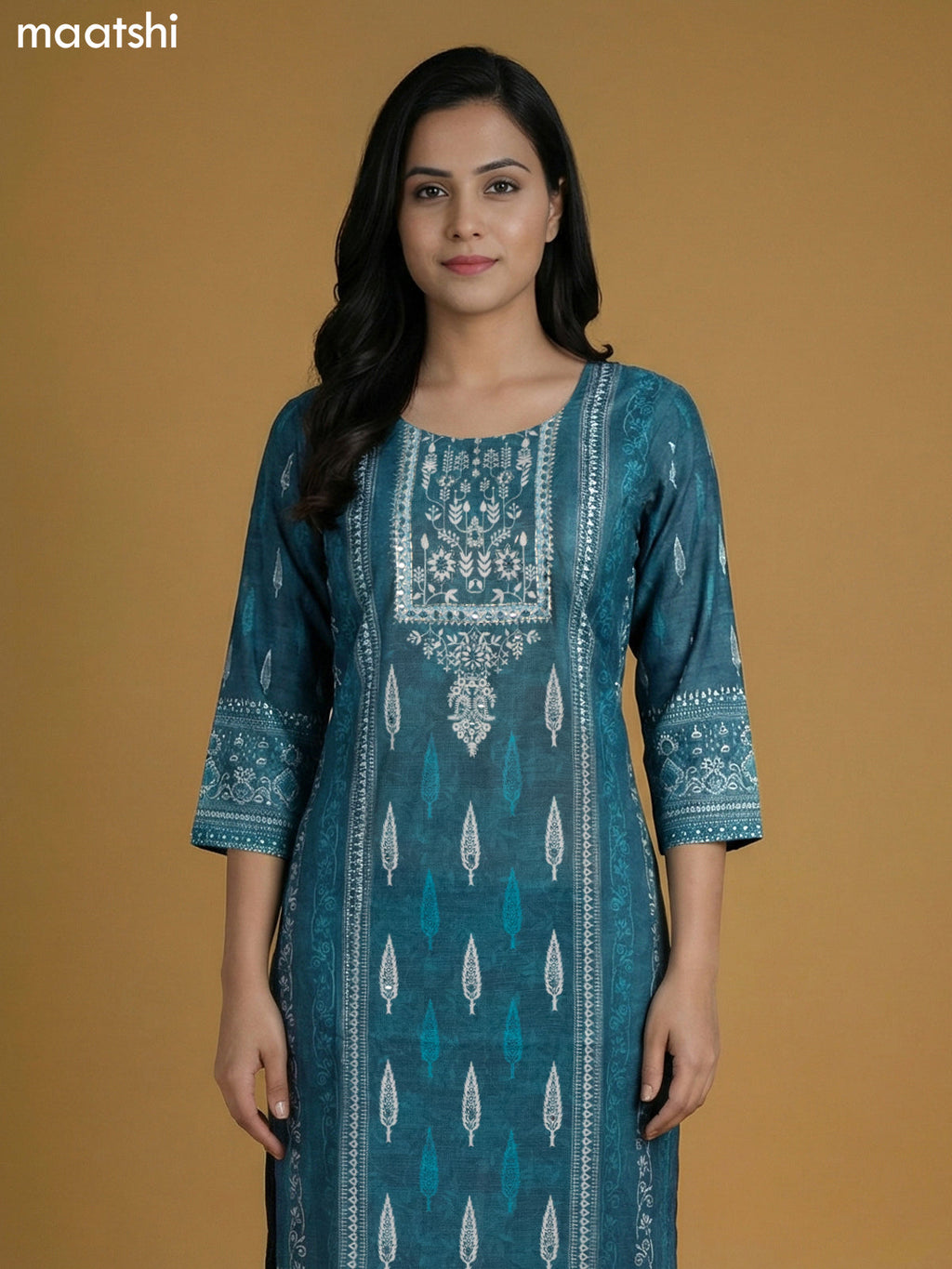 Peacock Blue Chanderi Printed Kurti