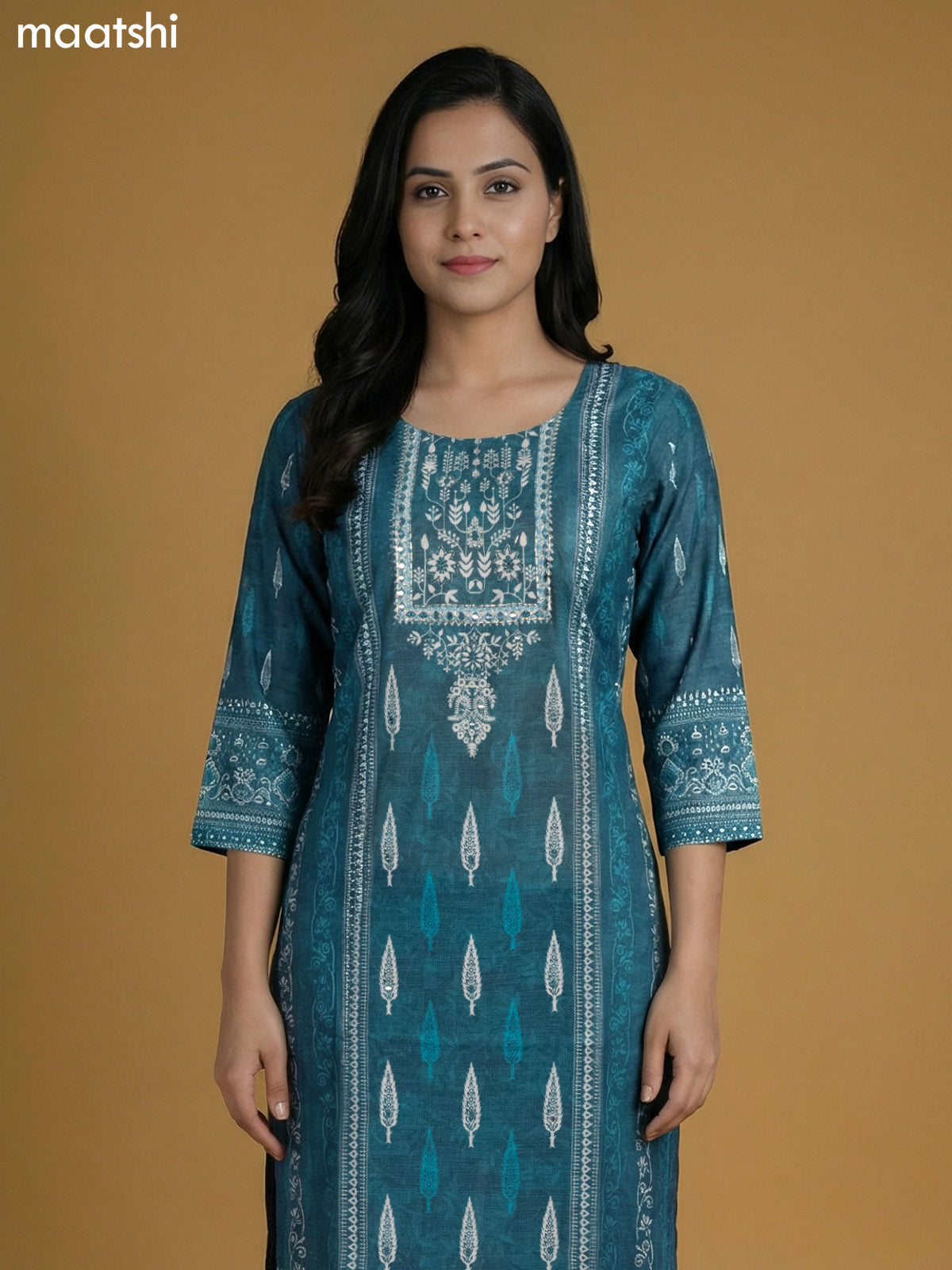 Peacock Blue Chanderi Printed Kurti