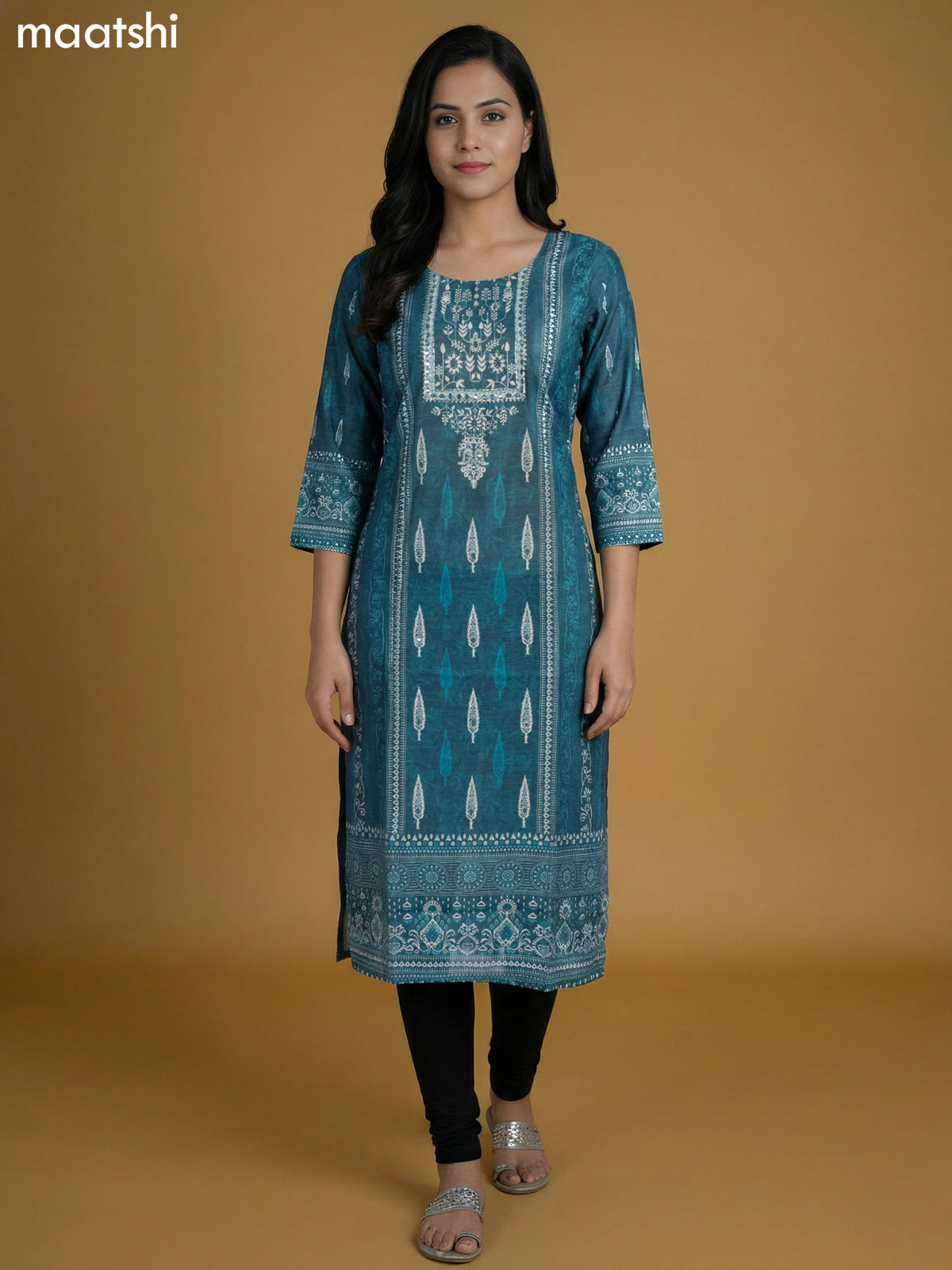 Peacock Blue Chanderi Printed Kurti