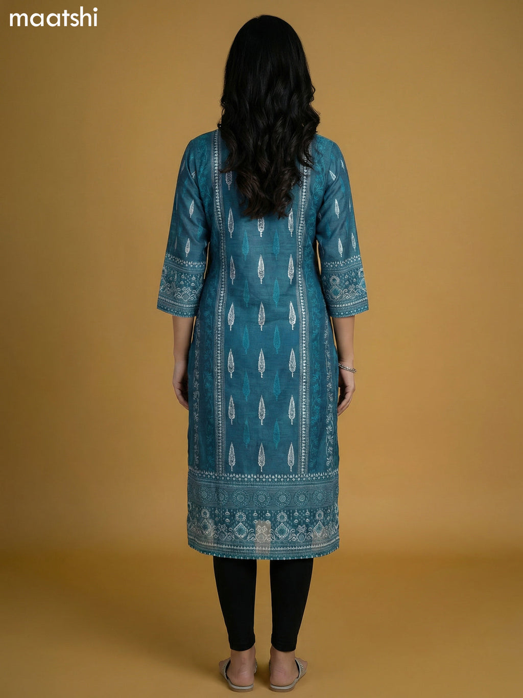 Peacock Blue Chanderi Printed Kurti