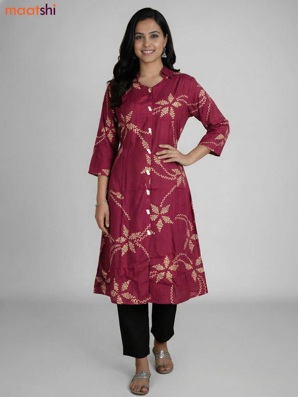 Maroon Russian Silk Printed A-line Kurti
