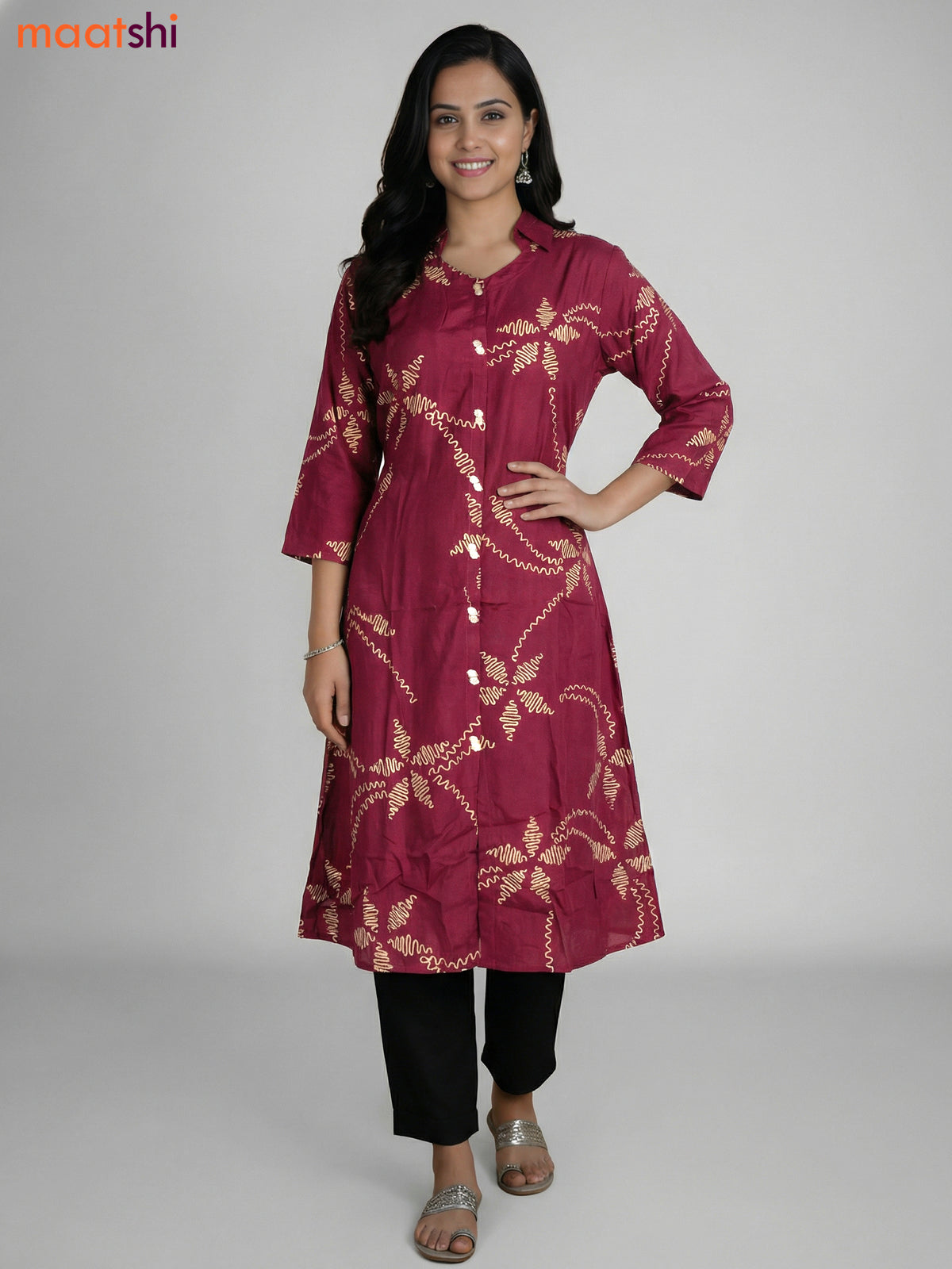 Maroon Russian Silk Printed A-line Kurti