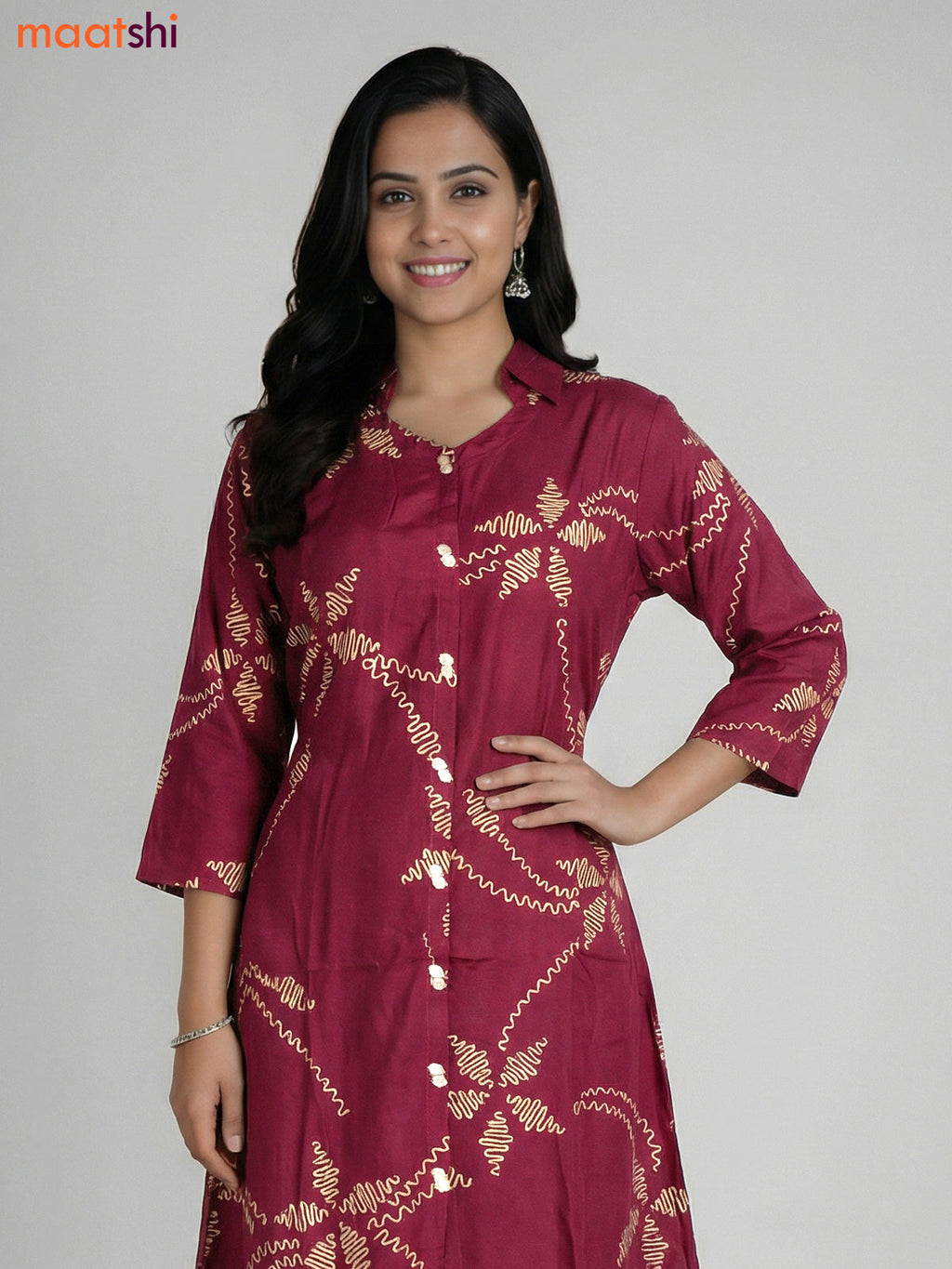 Maroon Russian Silk Printed A-line Kurti