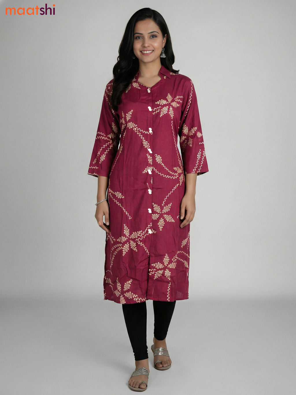 Maroon Russian Silk Printed A-line Kurti