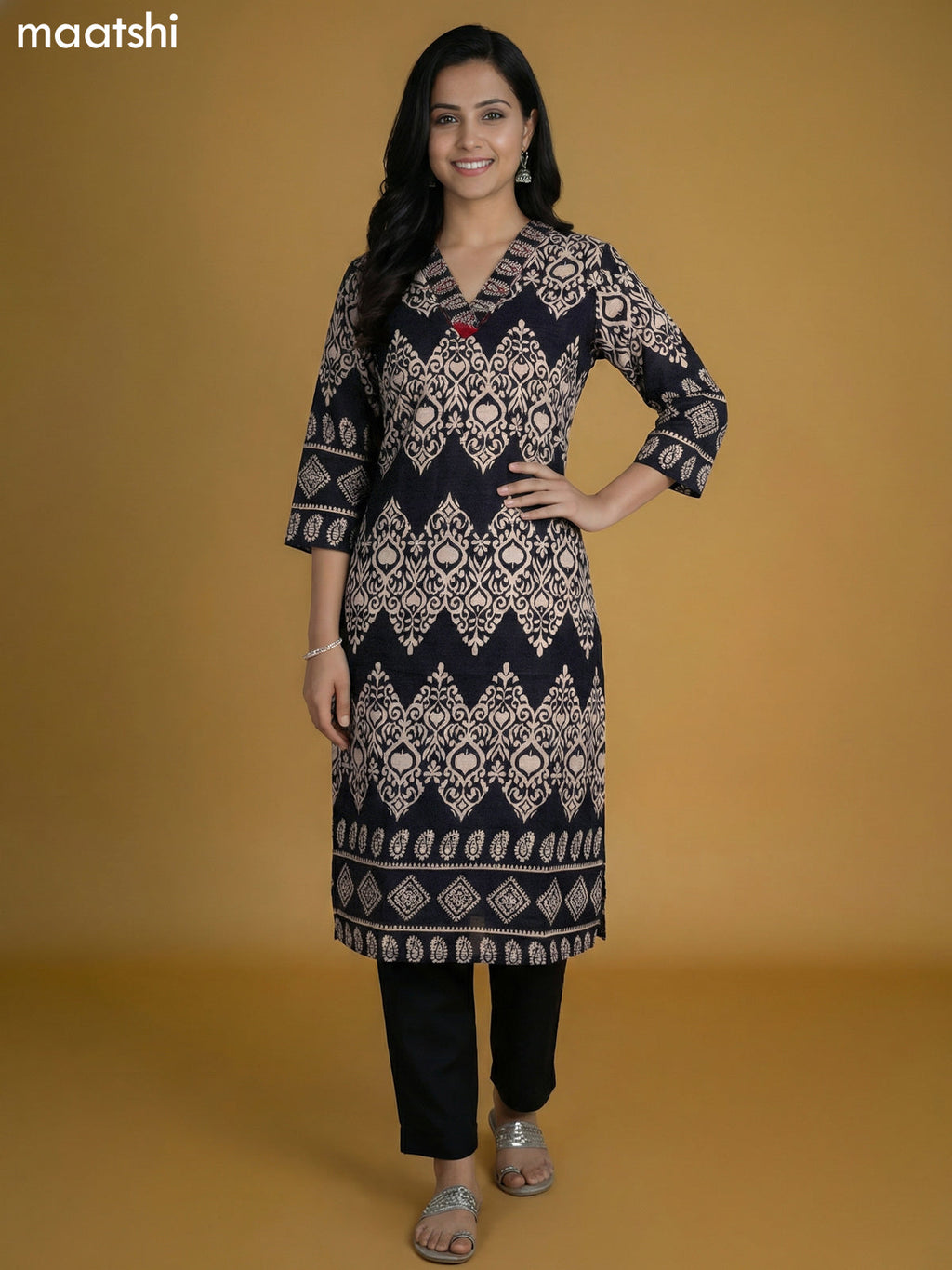 Black and Beige Semi Silk Printed Kurti