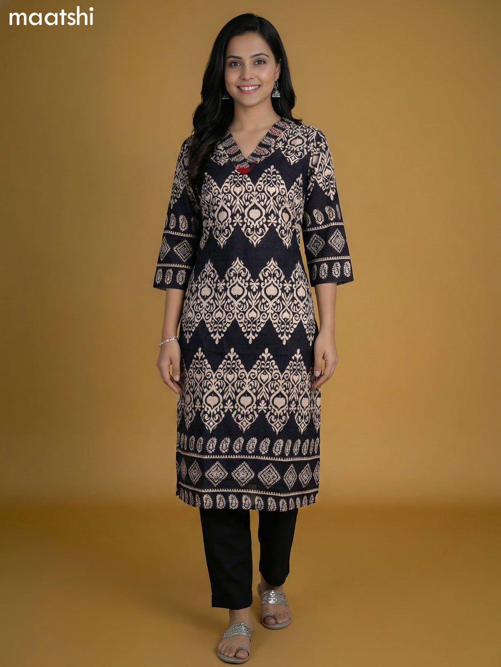 Black and Beige Semi Silk Printed Kurti