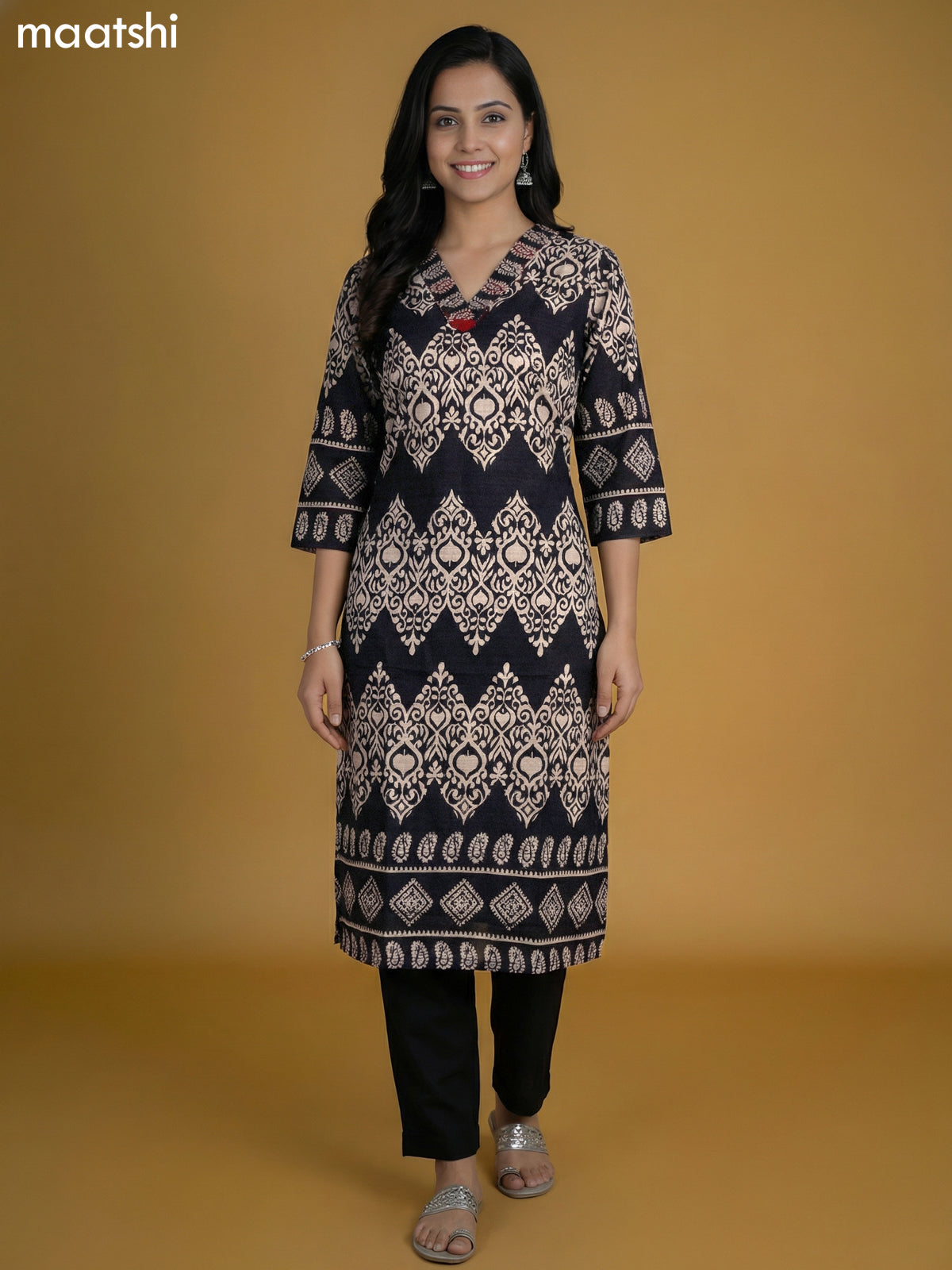Black and Beige Semi Silk Printed Kurti