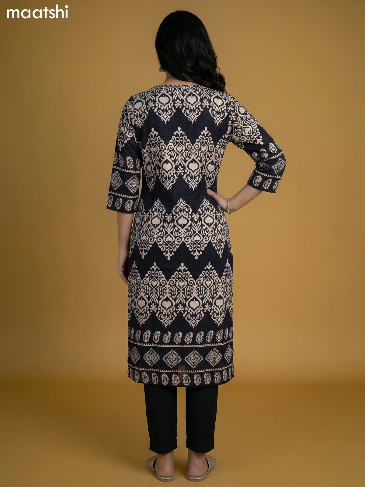 Black and Beige Semi Silk Printed Kurti