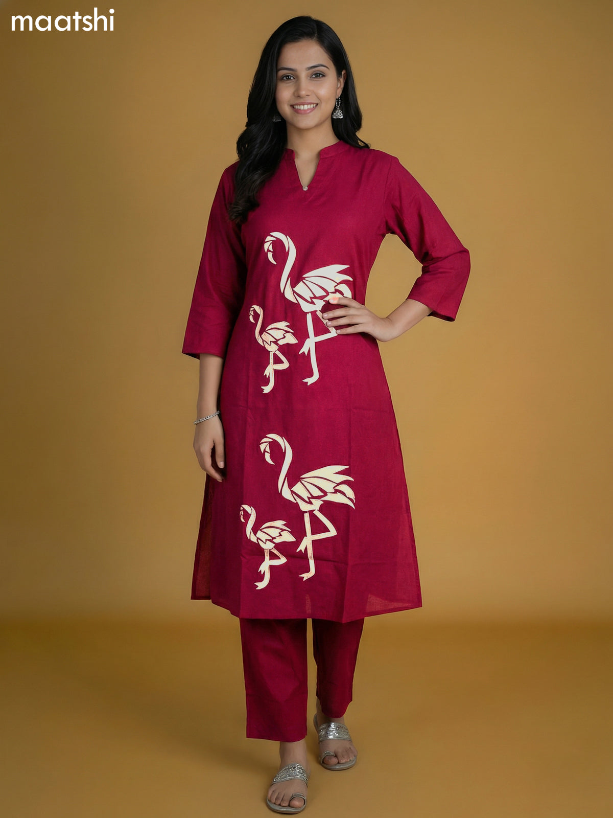 Magenta Pink Cotton Embroidery Work Kurti Set