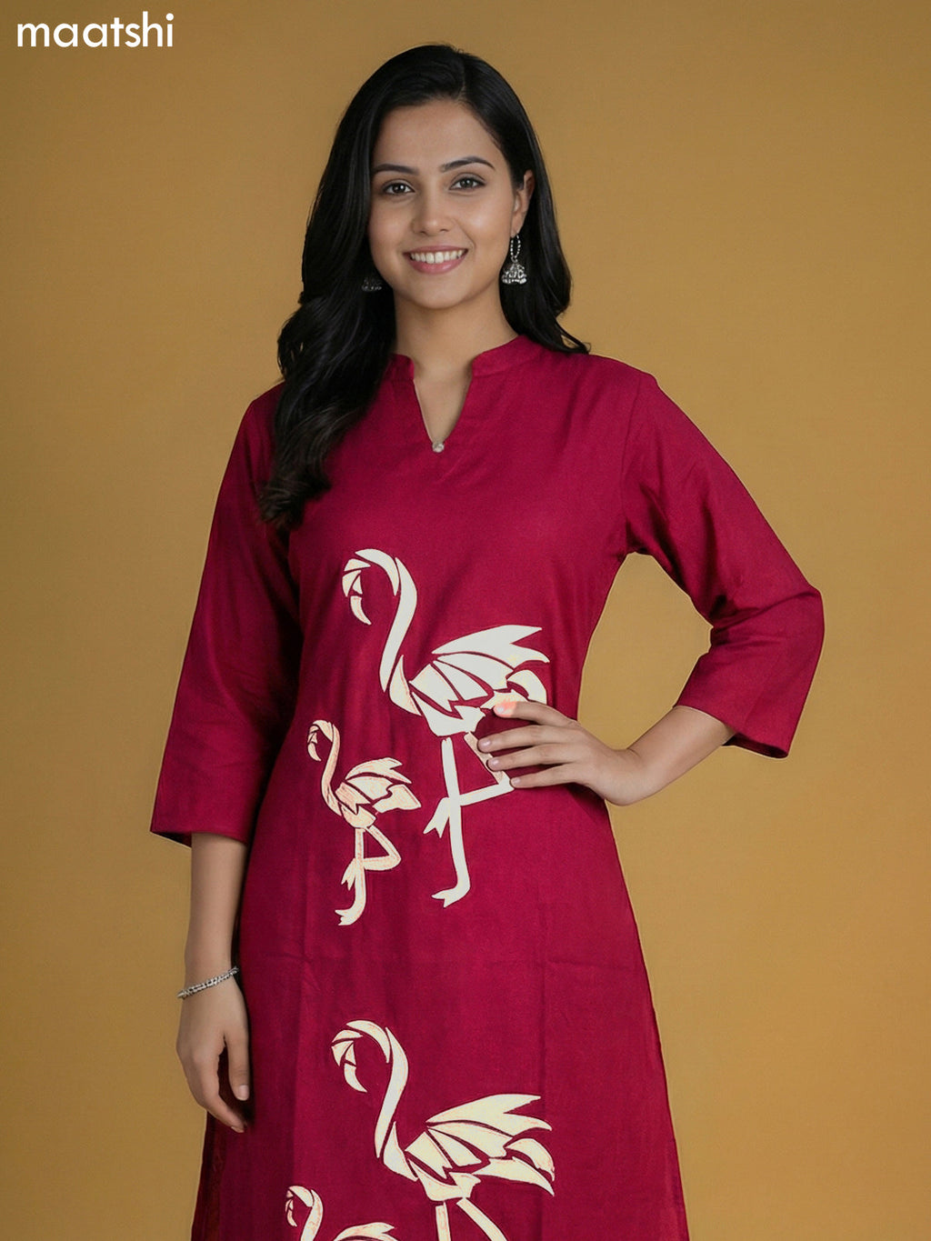 Magenta Pink Cotton Embroidery Work Kurti Set