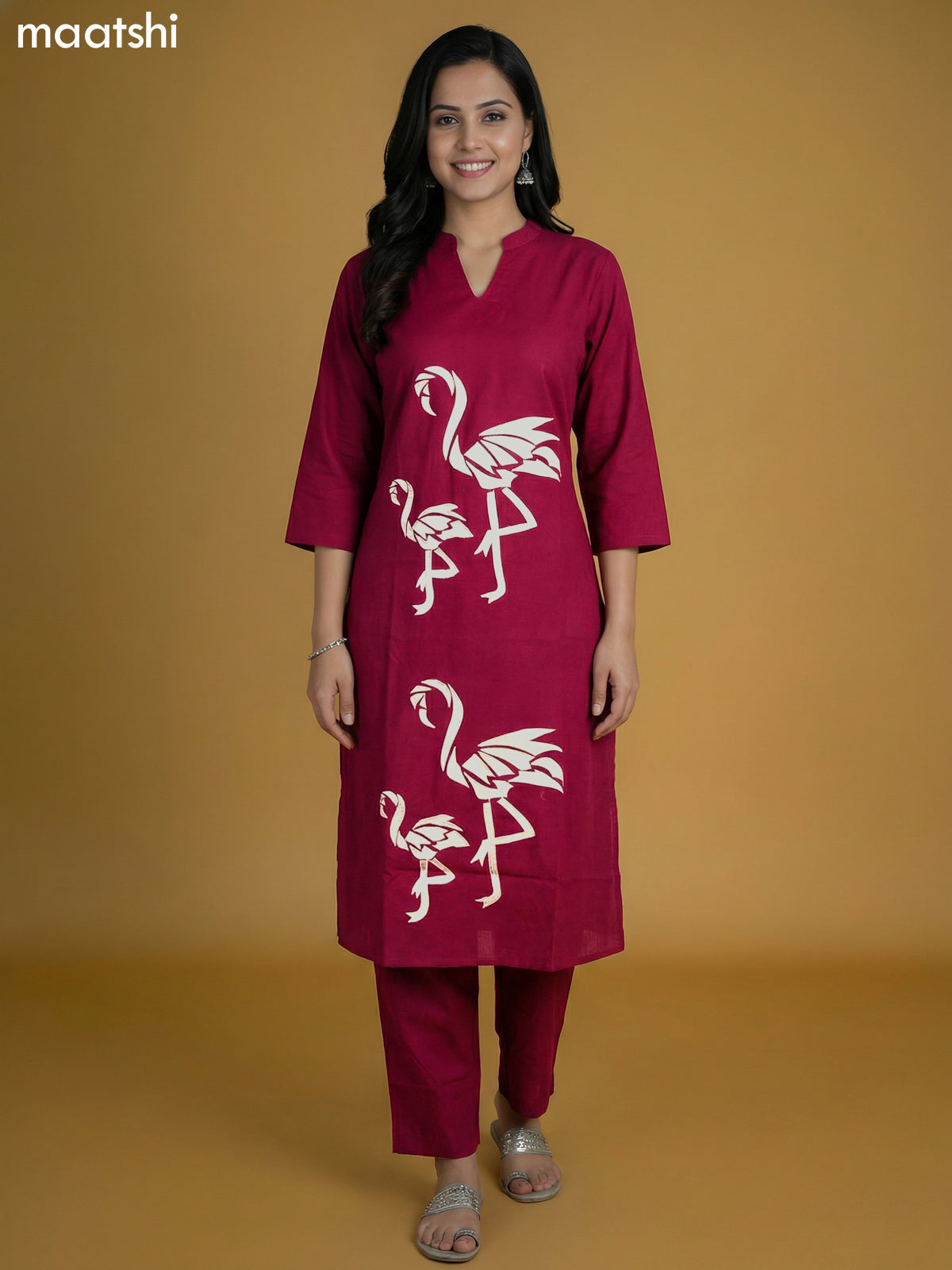 Magenta Pink Cotton Embroidery Work Kurti Set