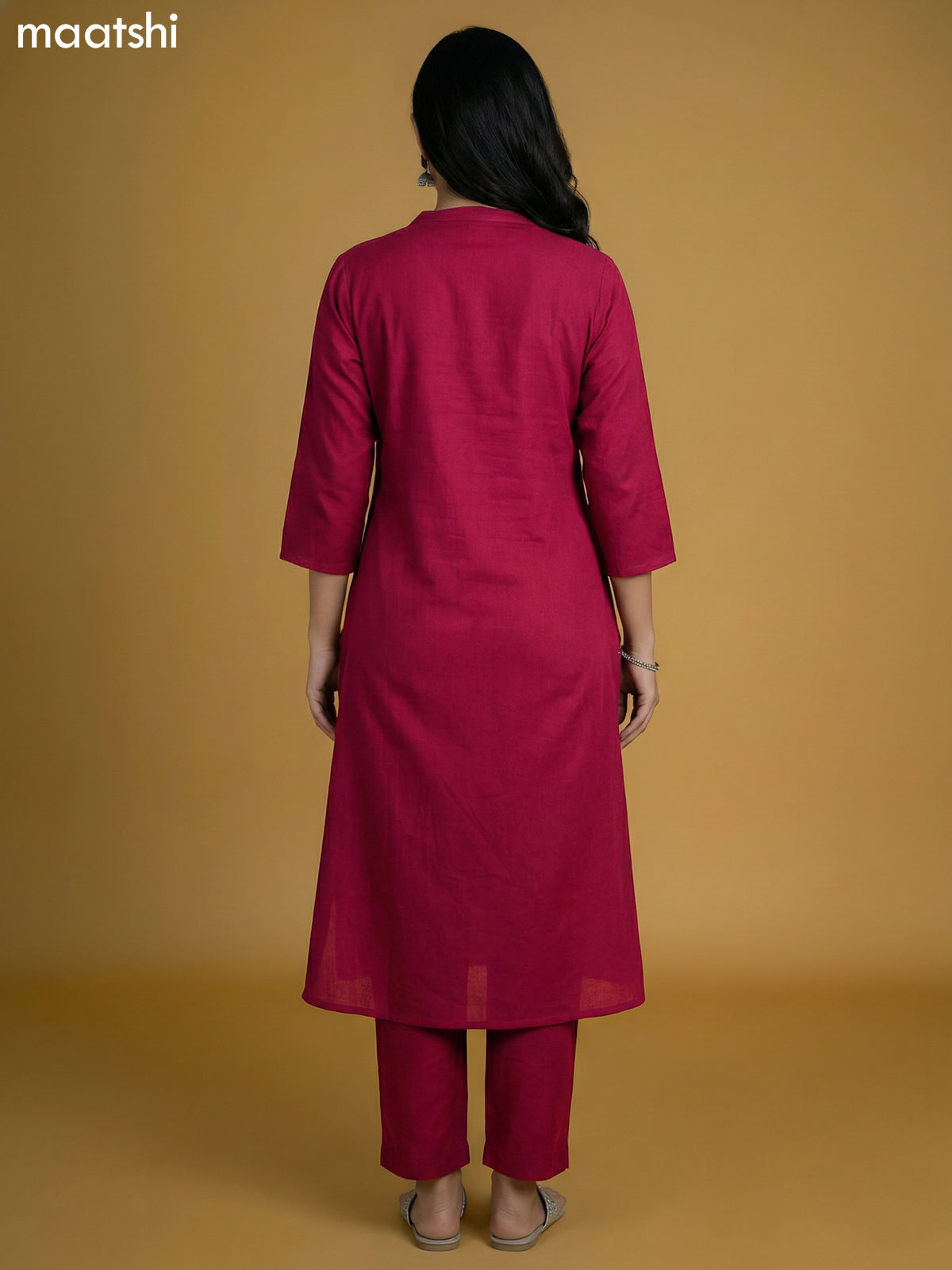 Magenta Pink Cotton Embroidery Work Kurti Set