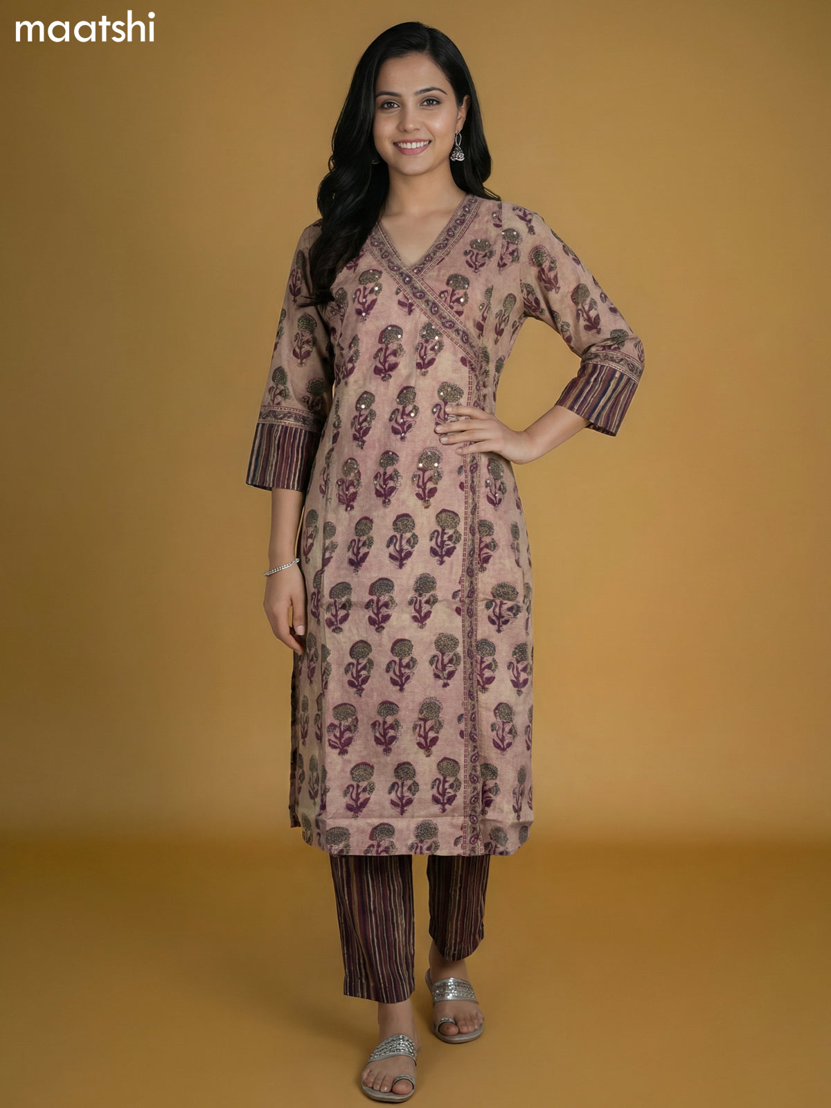 Grey Shade and Wine Shade Cotton Printed Kurti Set