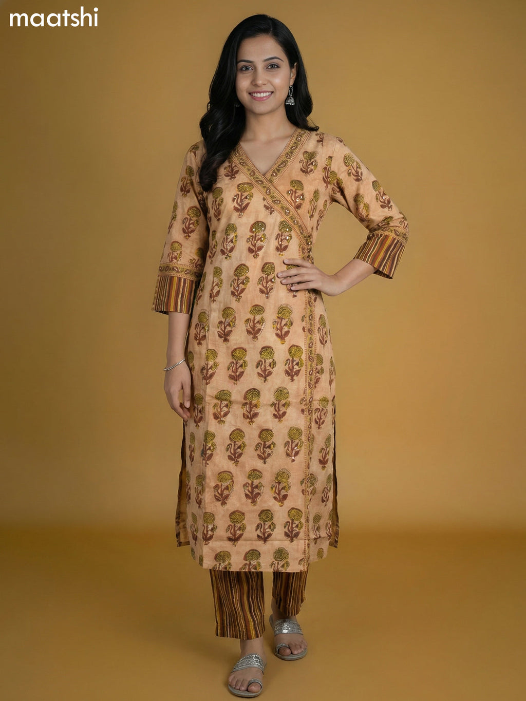 Peach Shade and Brown Cotton Printed Kurti Set
