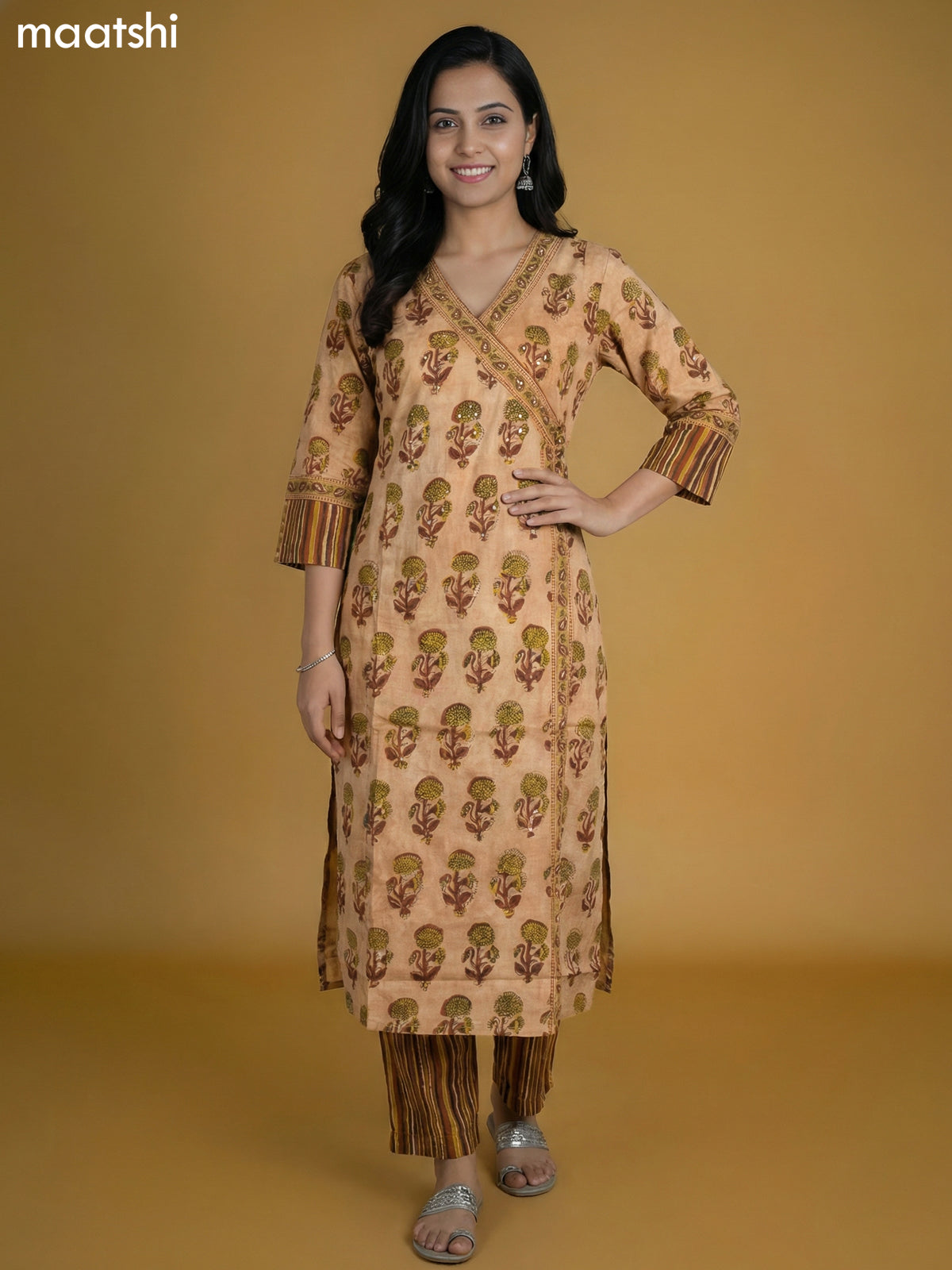 Peach Shade and Brown Cotton Printed Kurti Set