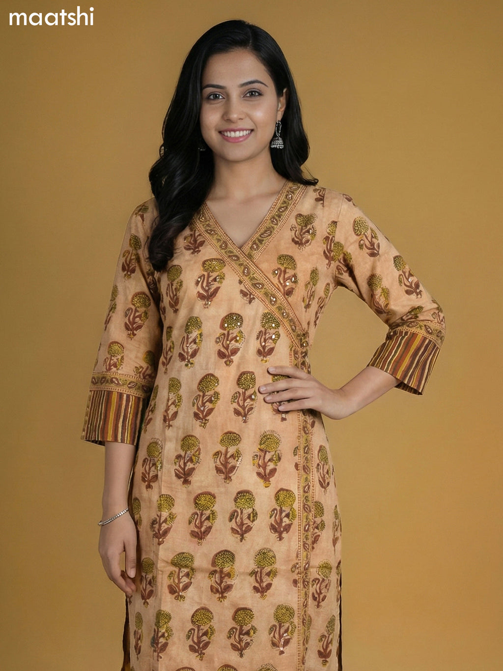 Peach Shade and Brown Cotton Printed Kurti Set